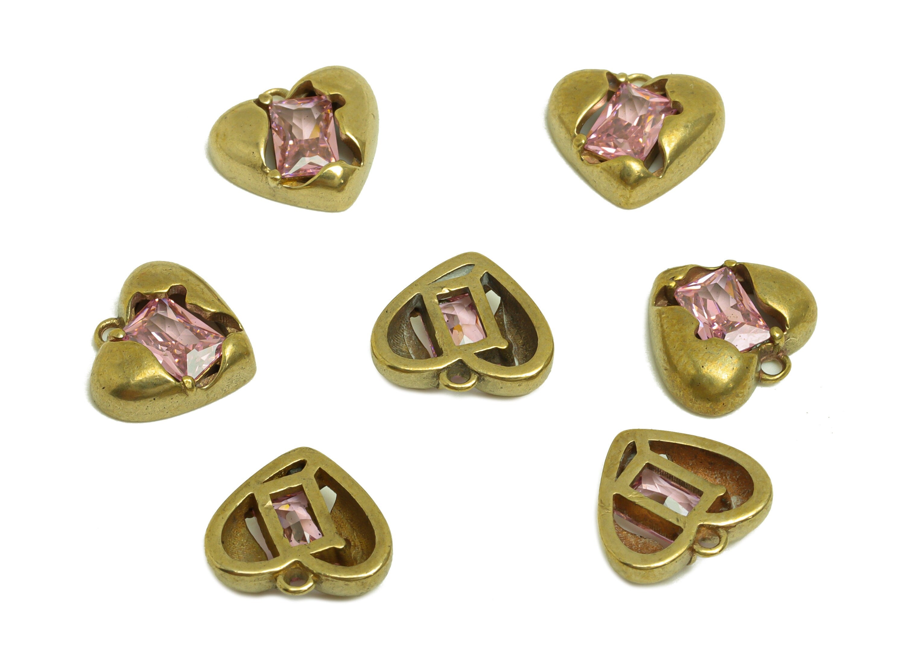 Brass CZ Heart Earring Charm - Raw Brass Cubic Zircon Heart Earring Charm - Brass Pink Rectangle Earring Charm - 11.5x10.6x3.6mm - PP10702 - DOMEDBAZAAR