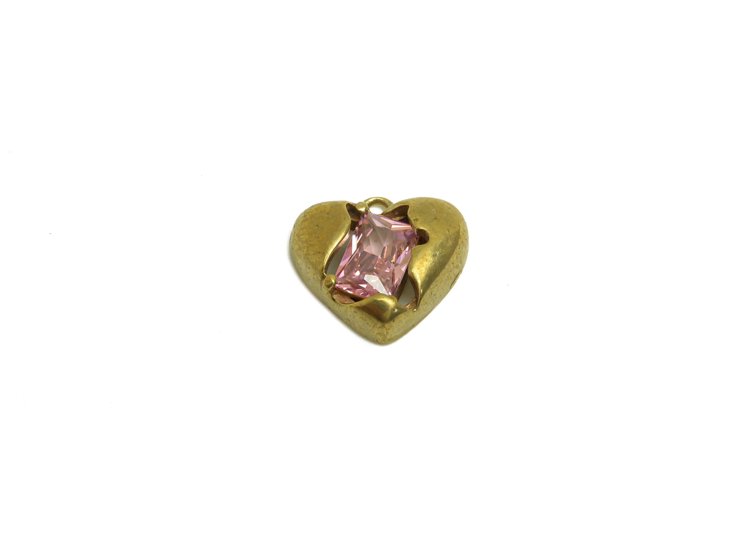 Brass CZ Heart Earring Charm - Raw Brass Cubic Zircon Heart Earring Charm - Brass Pink Rectangle Earring Charm - 11.5x10.6x3.6mm - PP10702 - DOMEDBAZAAR