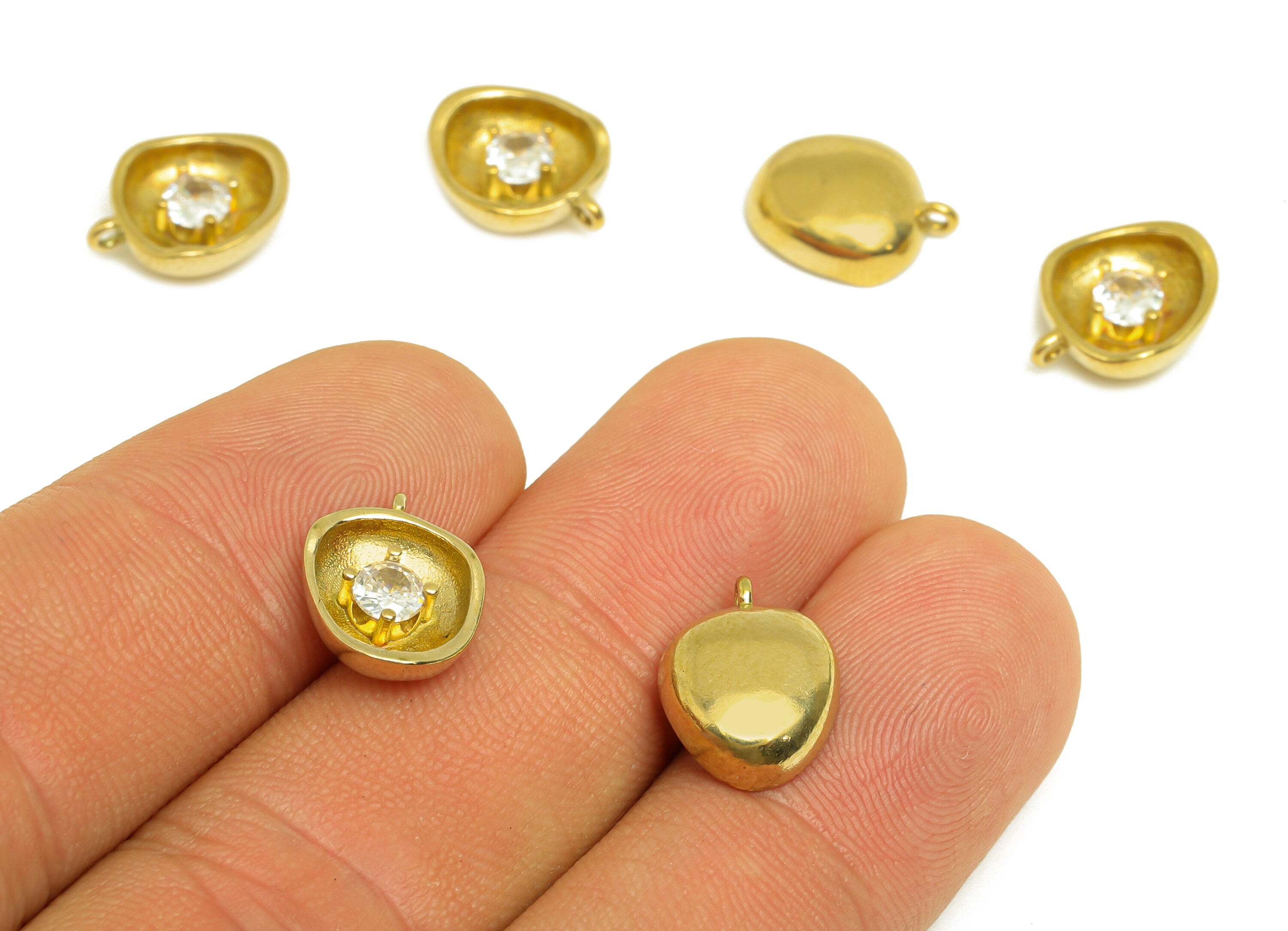 Brass CZ Geometry Earring Charm - Raw Brass Cubic Zircon Earring Charm - Brass Half Ball Earring Charm - 13x10x3.92mm - PP10732 - DOMEDBAZAAR