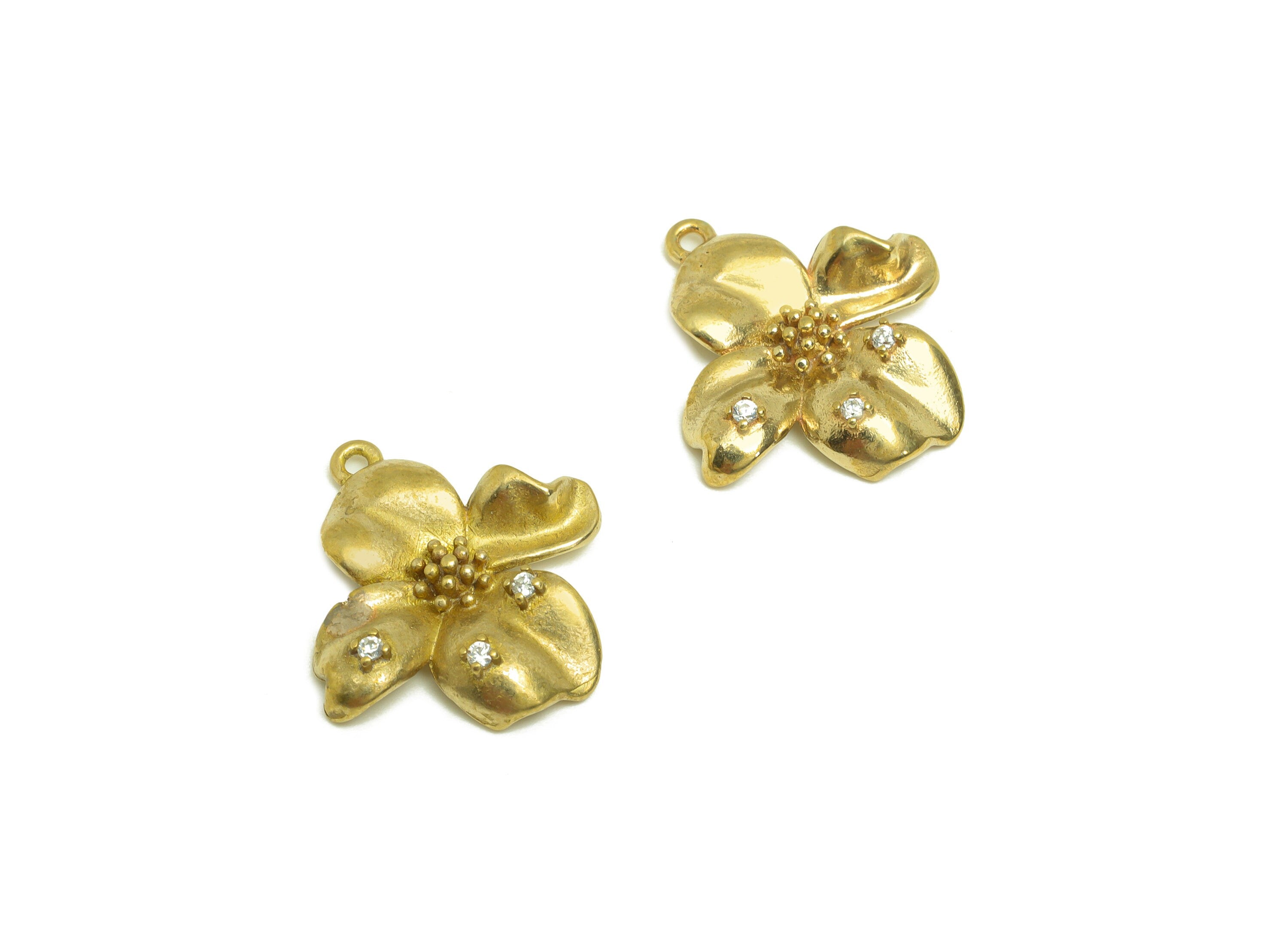 Brass CZ Flower Earring Charm - Raw Brass Cubic Zircon Flower Earring Charm - Brass Botanical Earring Charm - 19.64x14.68x3.5mm - PP10730 - DOMEDBAZAAR