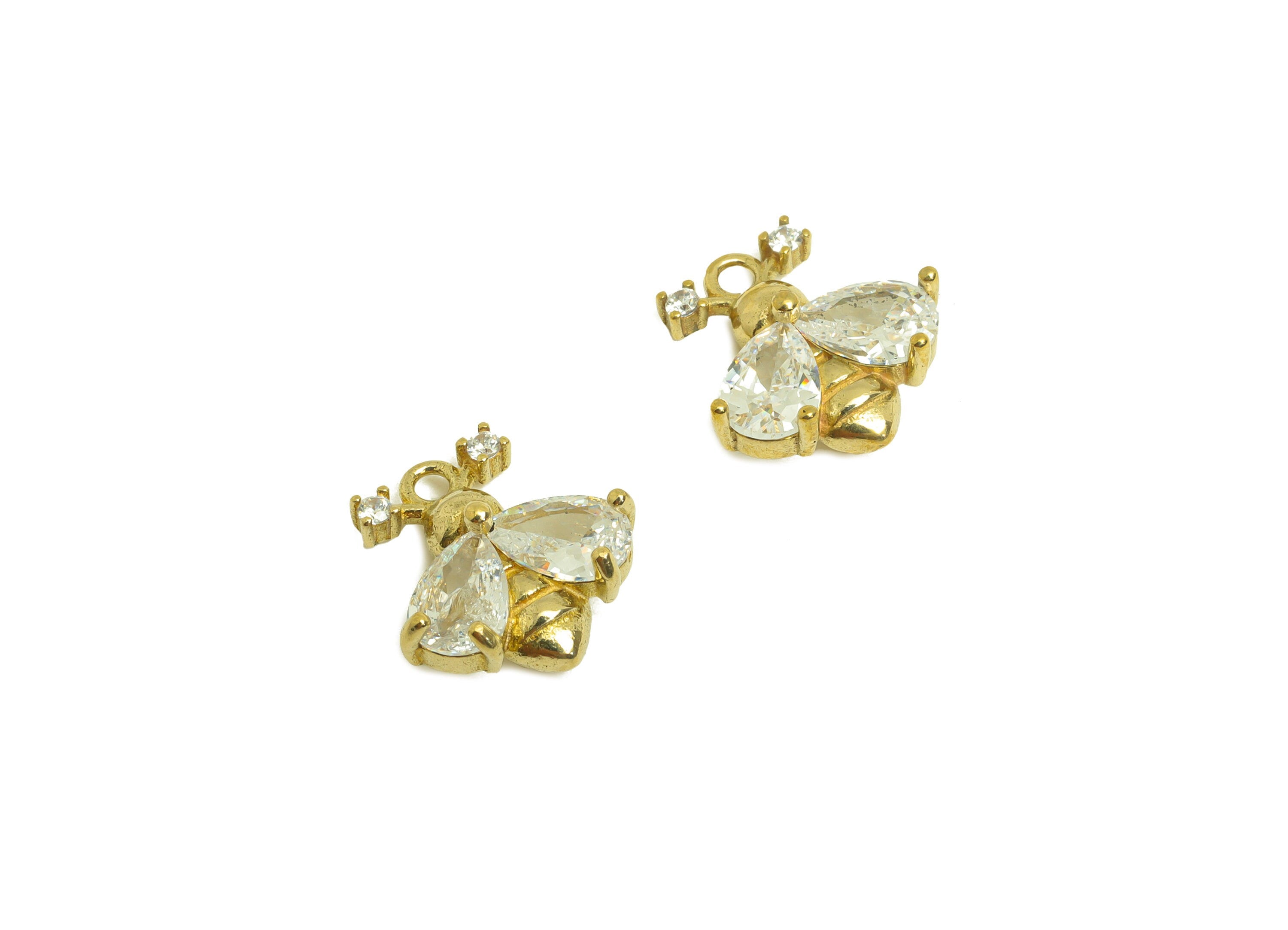 Brass CZ Bee Earring Charm - Raw Brass Cubic Zircon Teardrop Bee Charm - Brass Textured Bee Earring Charm - 11.5x11.2x4mm - PP10720 - DOMEDBAZAAR