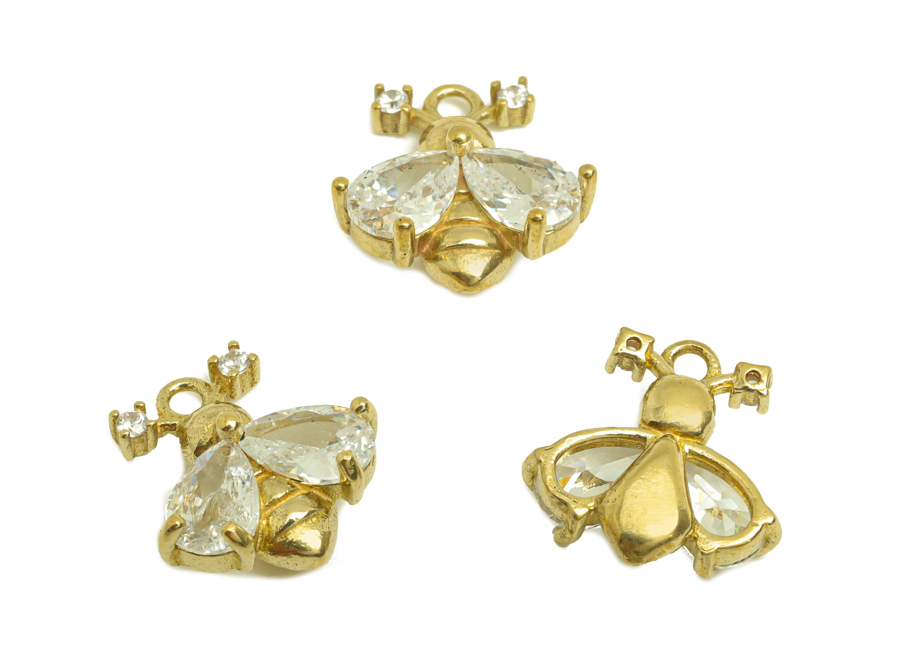 Brass CZ Bee Earring Charm - Raw Brass Cubic Zircon Teardrop Bee Charm - Brass Textured Bee Earring Charm - 11.5x11.2x4mm - PP10720 - DOMEDBAZAAR