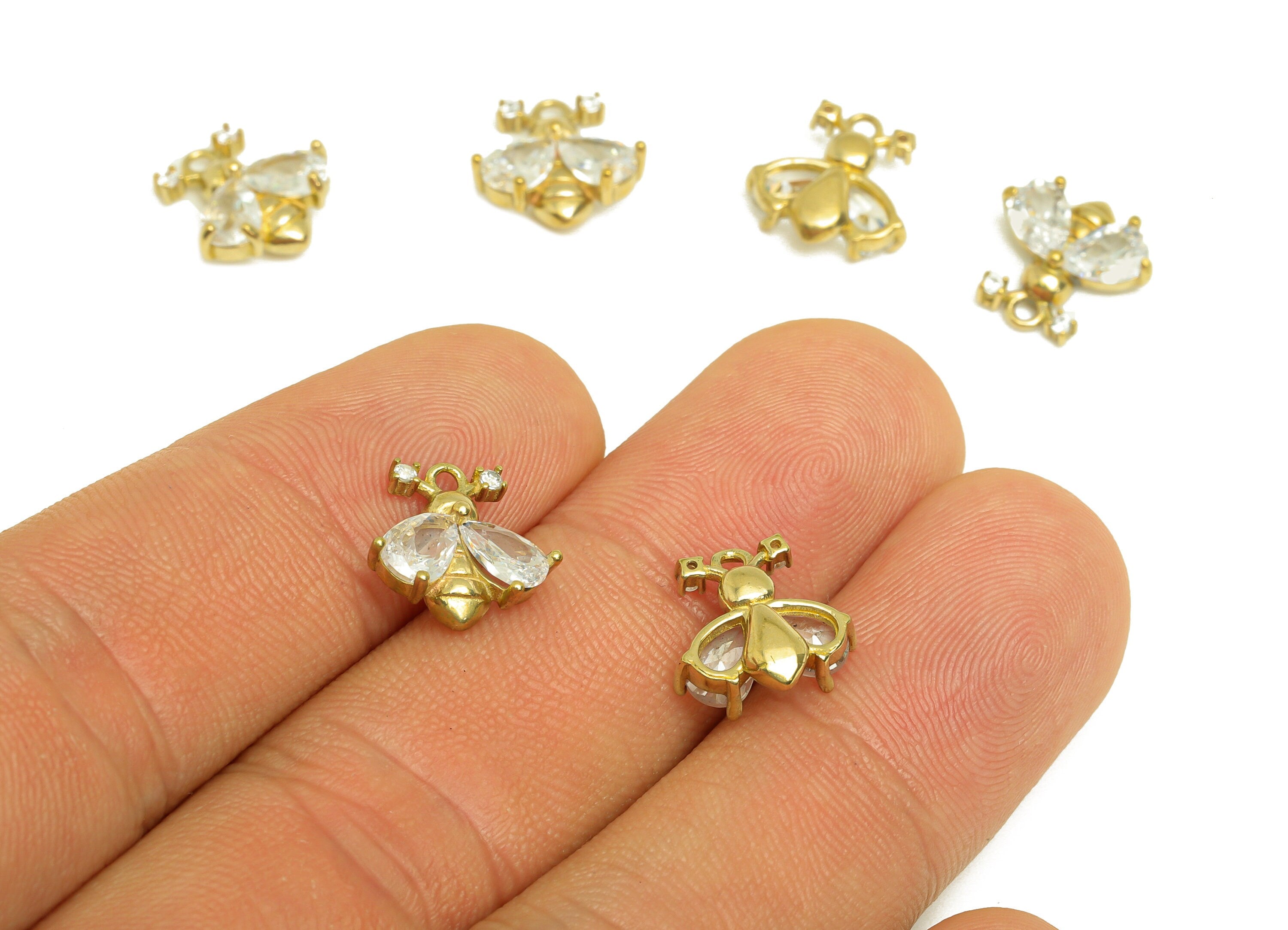 Brass CZ Bee Earring Charm - Raw Brass Cubic Zircon Teardrop Bee Charm - Brass Textured Bee Earring Charm - 11.5x11.2x4mm - PP10720 - DOMEDBAZAAR