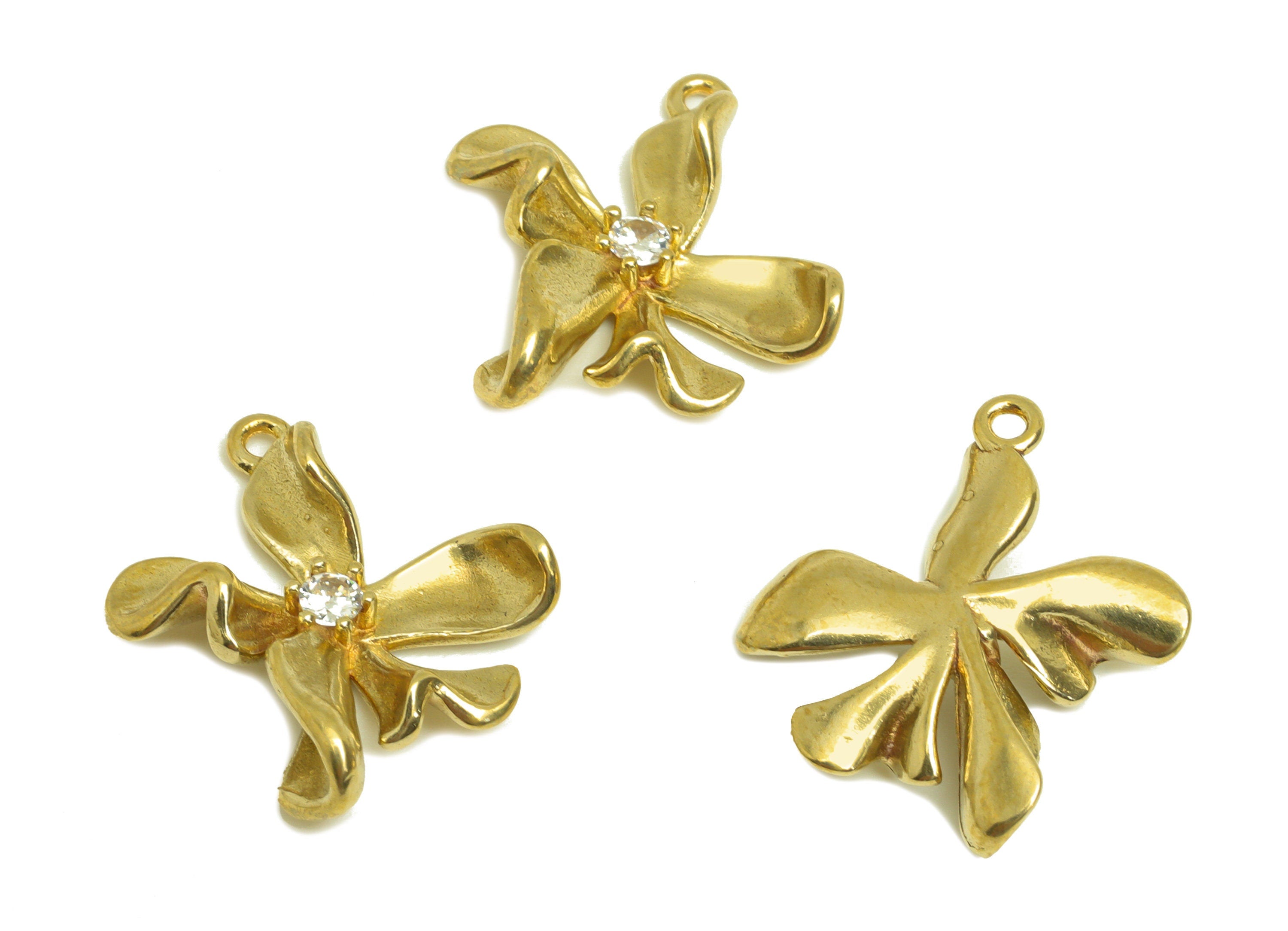 Brass CZ Flower Earring Charm - Raw Brass Cubic Zircon Wavy Daisy Charm - Brass Botanical Earring Charm - 19.8x15x4.7mm - PP10724 - DOMEDBAZAAR