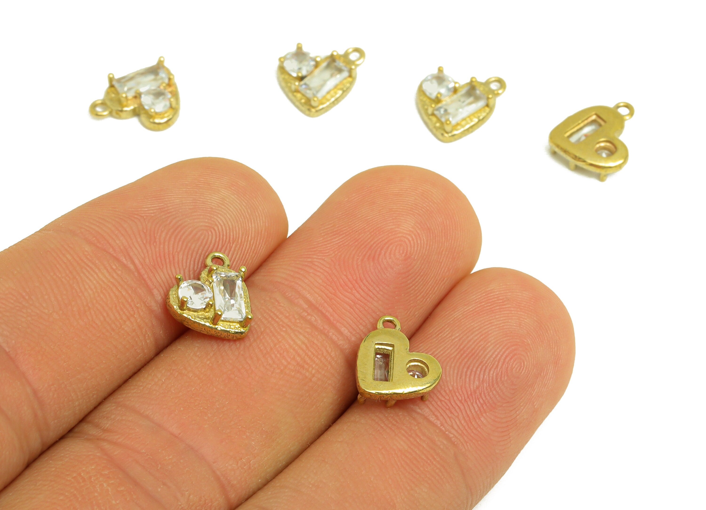 Brass CZ Heart Earring Charm - Raw Brass Cubic Zircon Rectangle Charm - Brass Round Zircon Earring Charm - 9.18x9x3.44mm - PP10703 - DOMEDBAZAAR