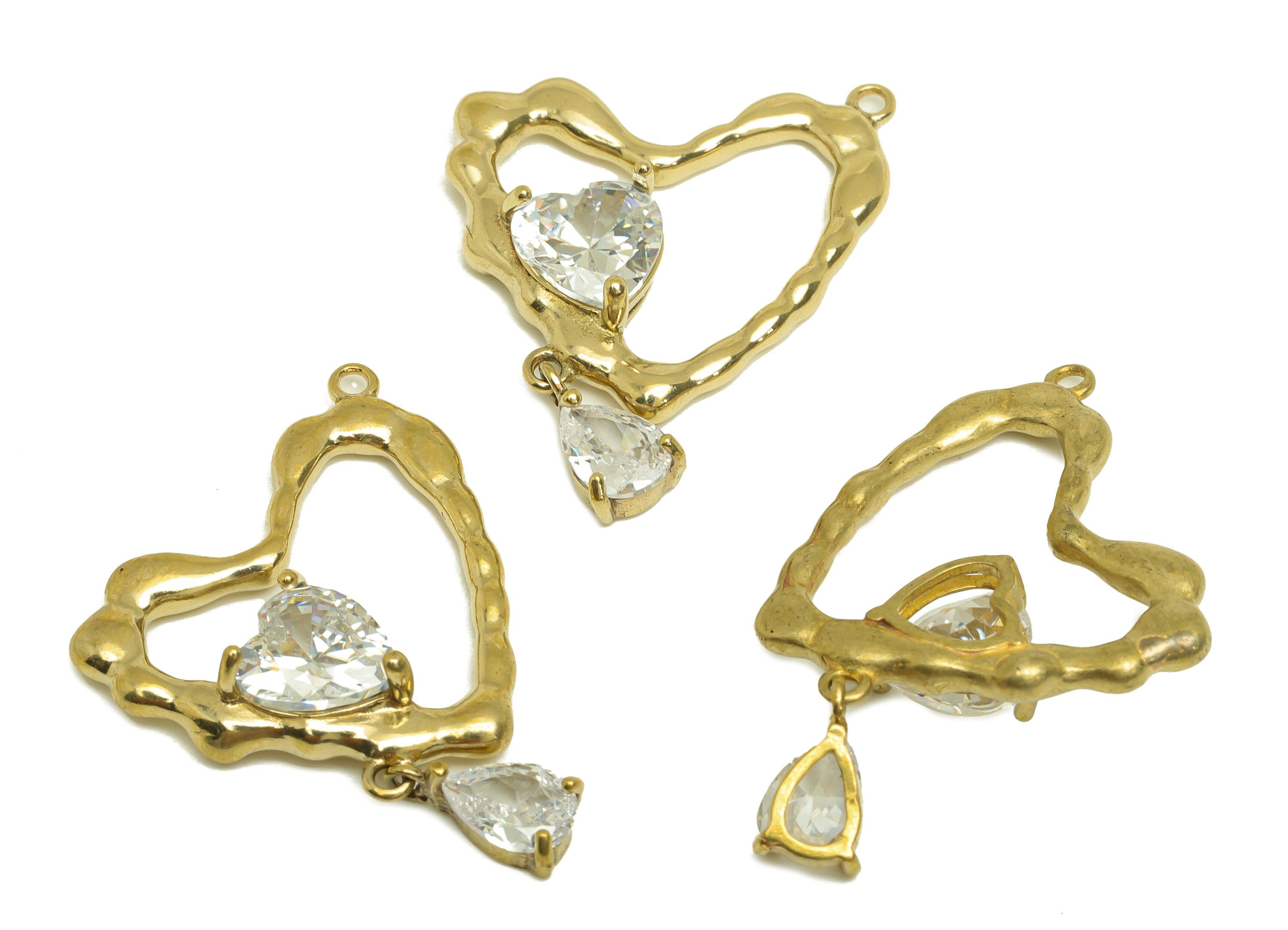 Brass CZ Heart Earring Charm - Raw Brass Cubic Zircon Teardrop Charm - Brass Textured Drop Heart Zircon Earring Charm - 23x22x5mm - PP10709 - DOMEDBAZAAR