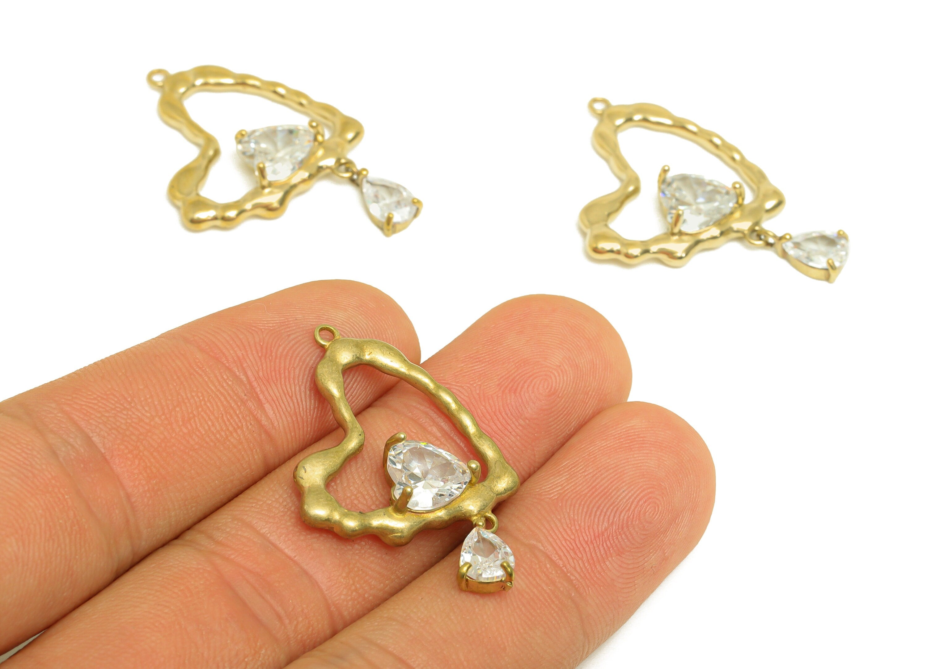 Brass CZ Heart Earring Charm - Raw Brass Cubic Zircon Teardrop Charm - Brass Textured Drop Heart Zircon Earring Charm - 23x22x5mm - PP10709 - DOMEDBAZAAR