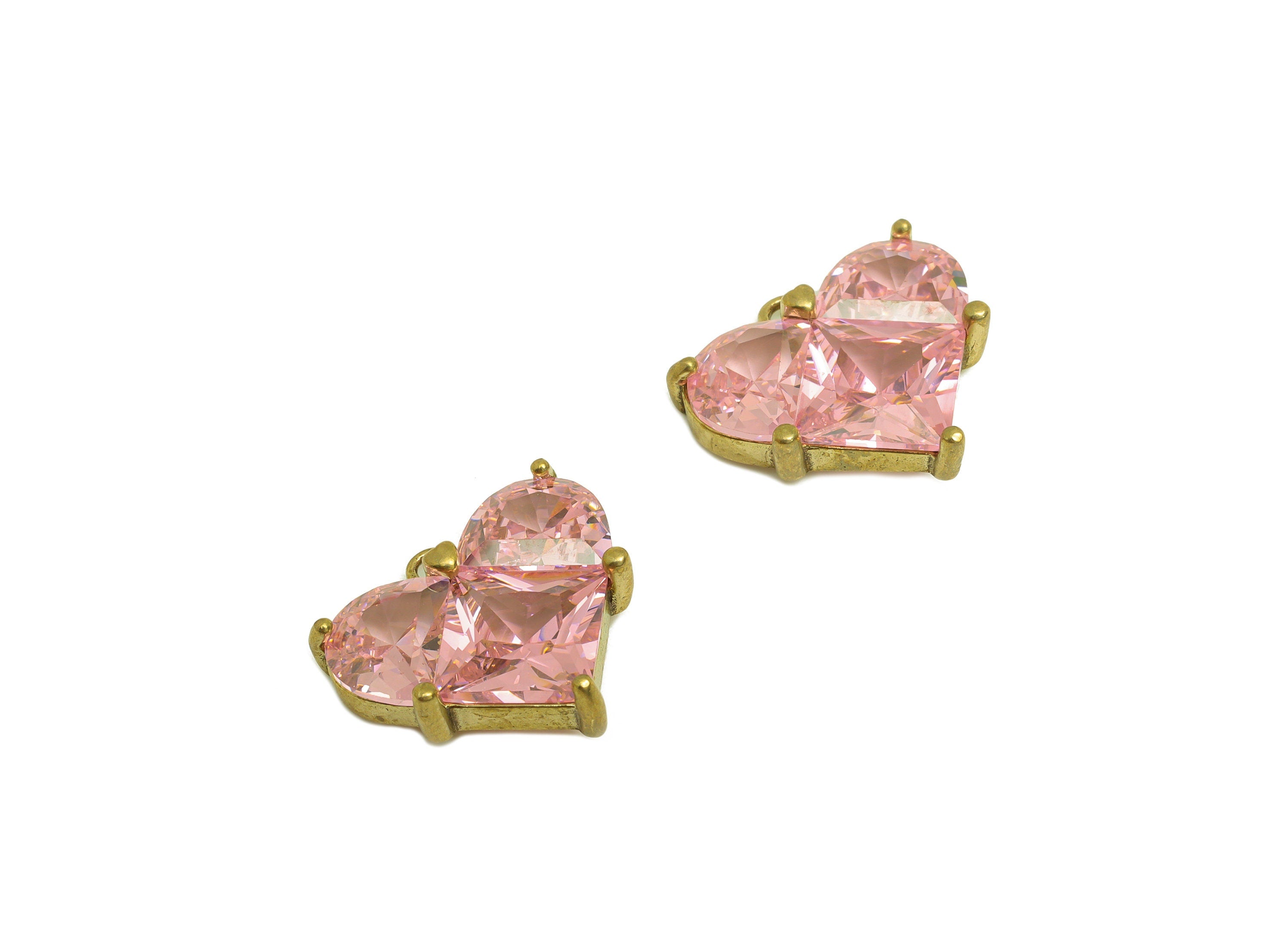 Brass CZ Heart Earring Charm - Raw Brass Cubic Zircon Pink Domed Charm - Brass Square Heart Zircon Earring Charm - 16.8x15.77x4mm - PP10700 - DOMEDBAZAAR