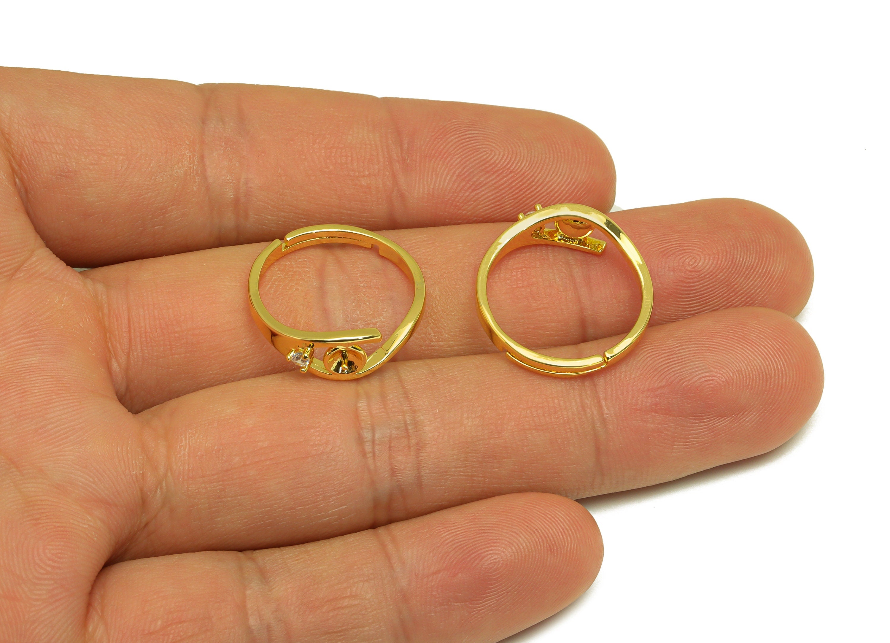 Brass CZ Adjustable Ring - Brass Mini Diamond Ring - Brass Rings For Pearl - Cubic Zircon Ring - 18K Real Gold Plating - 20x6x2mm - RGP7028 - DOMEDBAZAAR
