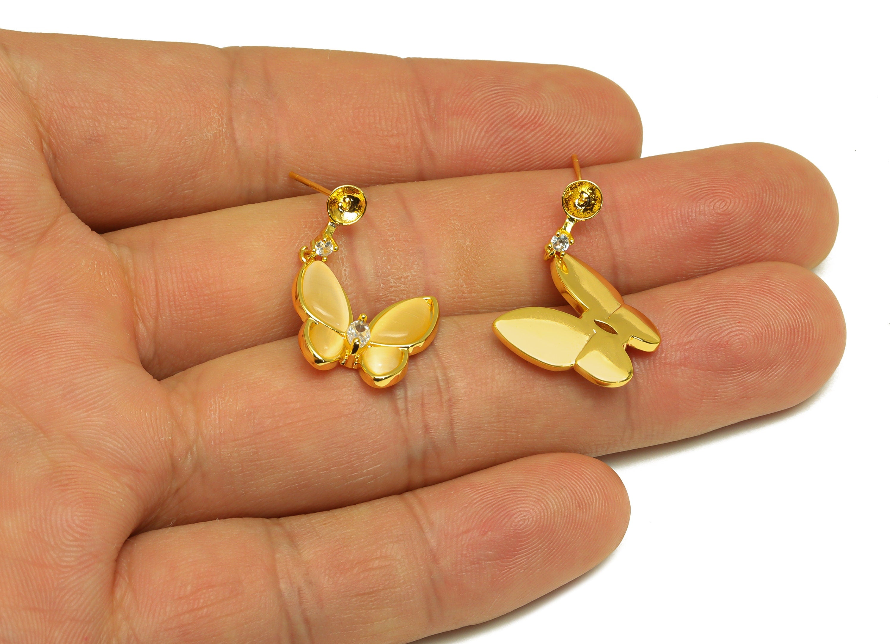 Brass Butterfly Earring Stud - Dangle Marquise Earring Post - Zircon Earring Post - Pearl Setting - 18K Real Gold Plating -22x16x1mm-RGP7034 - DOMEDBAZAAR