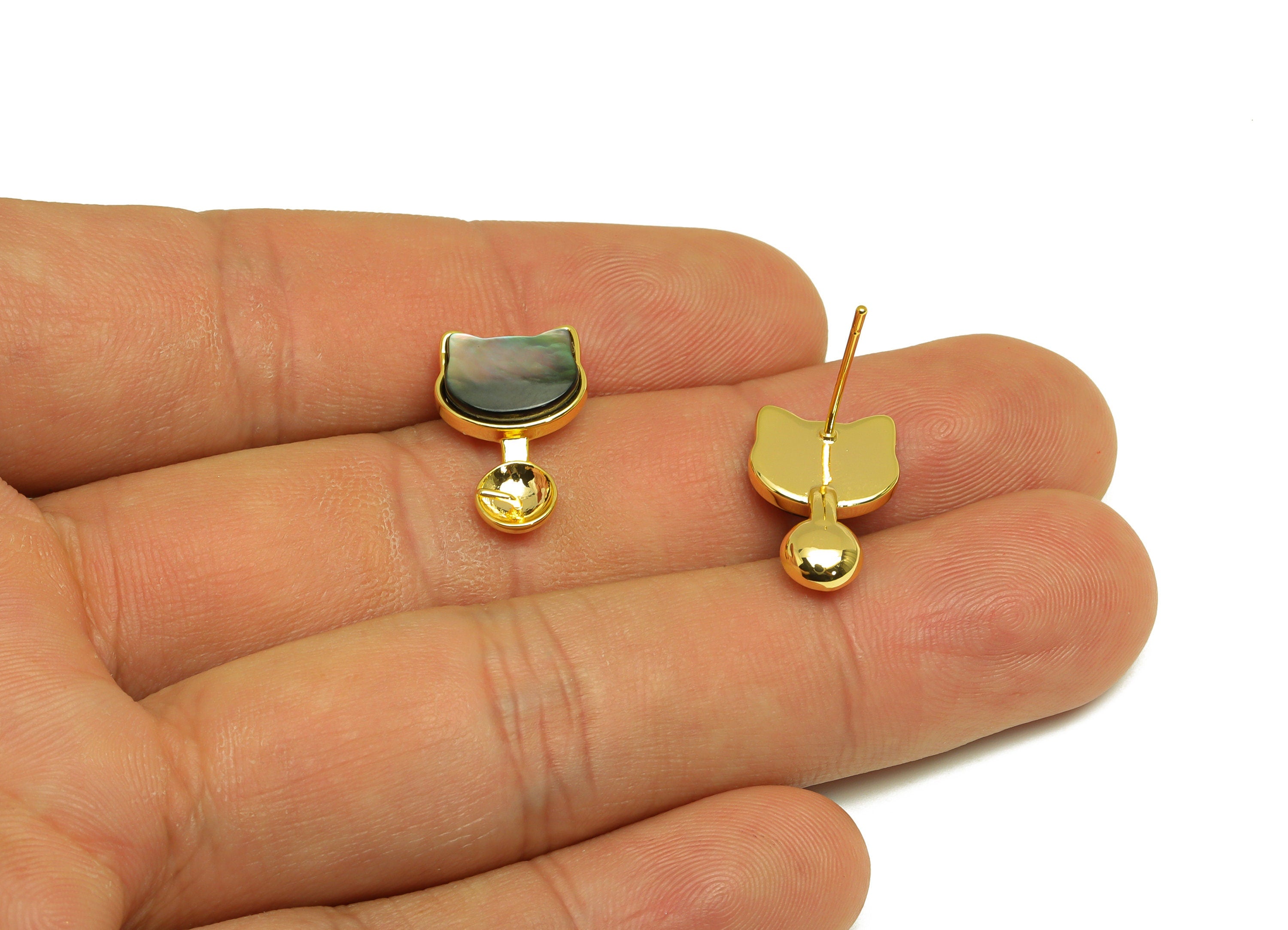 Brass Cat Earring Stud - Brass Cat Earring Post For Peal - Zircon Earring Post - Pearl Setting - 18K Real Gold Plating - 17x11x1mm - RGP7035 - DOMEDBAZAAR