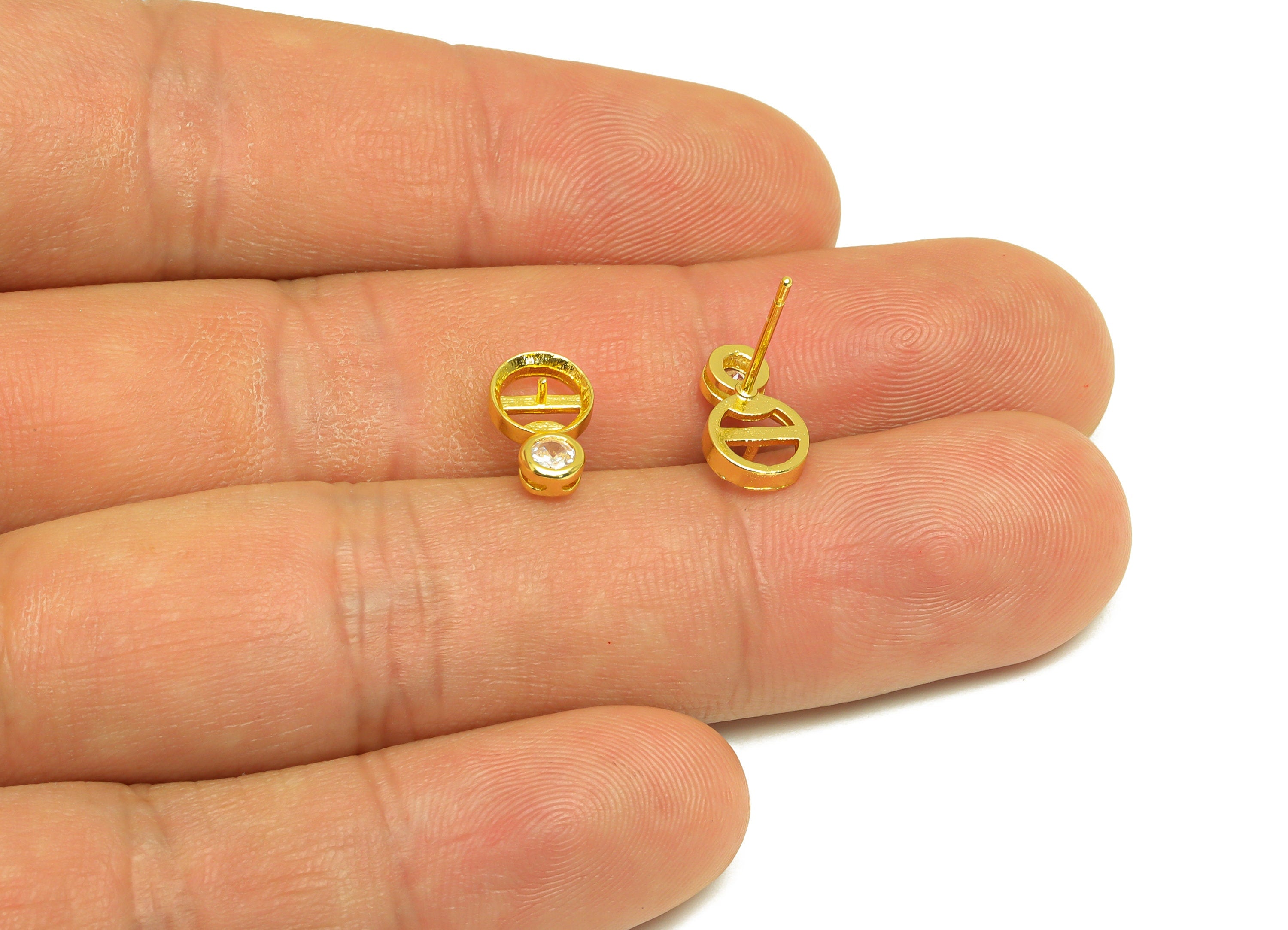 Brass Earring Stud - Brass Cubic Zircon Post For Peal - Round Earring Post - Pearl Setting - 18K Real Gold Plating - 11x6x0.8mm - RGP7038 - DOMEDBAZAAR