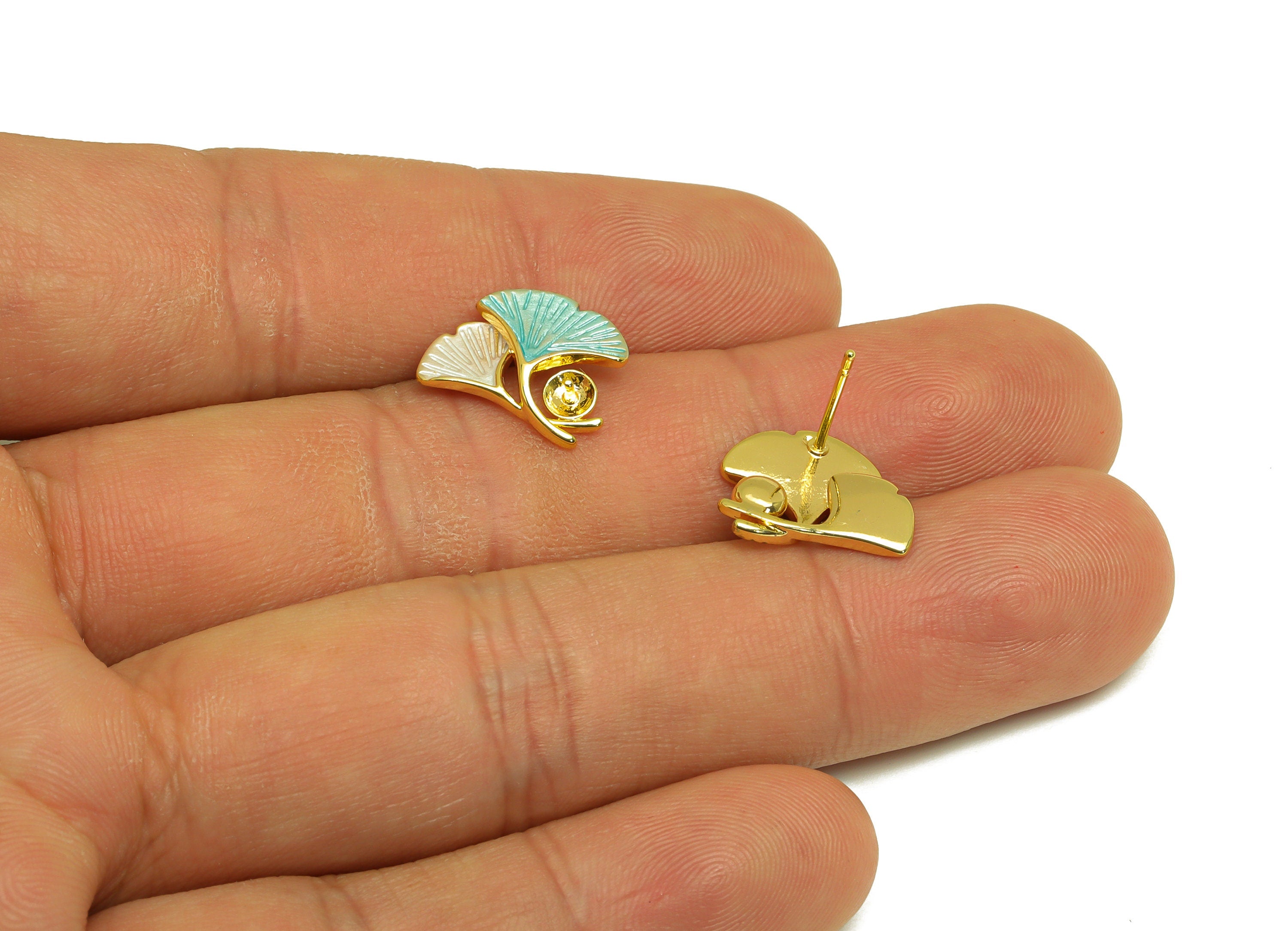 Brass Ginkgo Earring Stud - Brass BlueLeaf Earring Post For Pearl - Pearl Setting - 18K Real Gold Plating - 15.22x13.32x0.73mm - RGP7036 - DOMEDBAZAAR