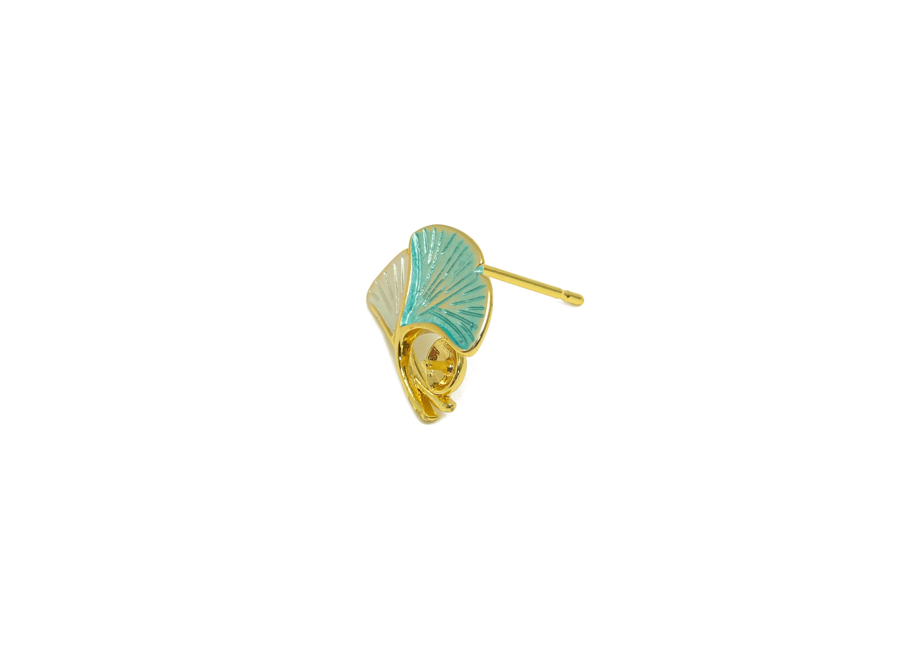 Brass Ginkgo Earring Stud - Brass BlueLeaf Earring Post For Pearl - Pearl Setting - 18K Real Gold Plating - 15.22x13.32x0.73mm - RGP7036 - DOMEDBAZAAR