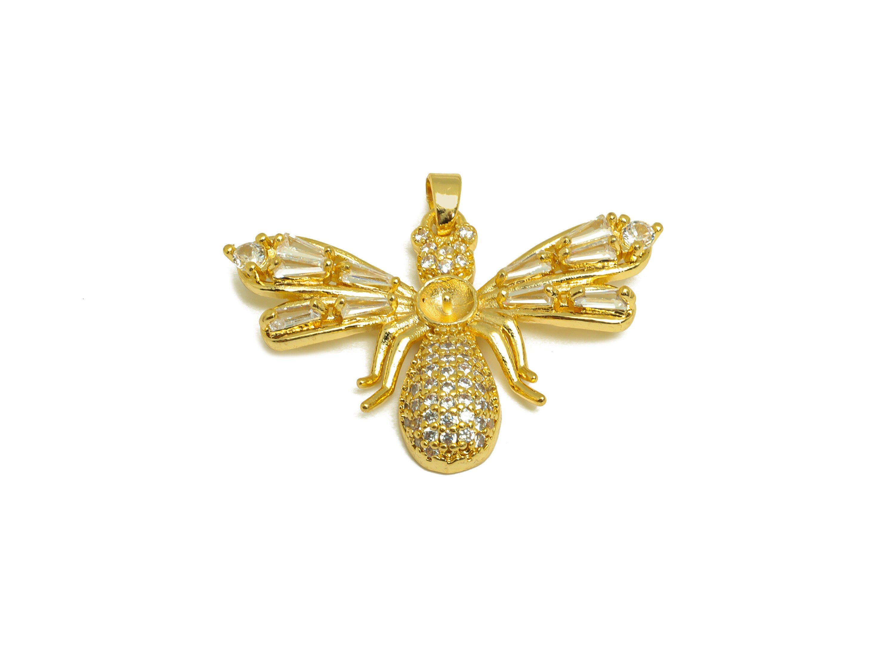 Brass CZ Bee Charm - Brass Trapezoid Cubic Zircon Pendant - Pearl Setting - Pendant for Pearl - 18K Real Gold Plating - 33x22x4mm - RGP7039 - DOMEDBAZAAR