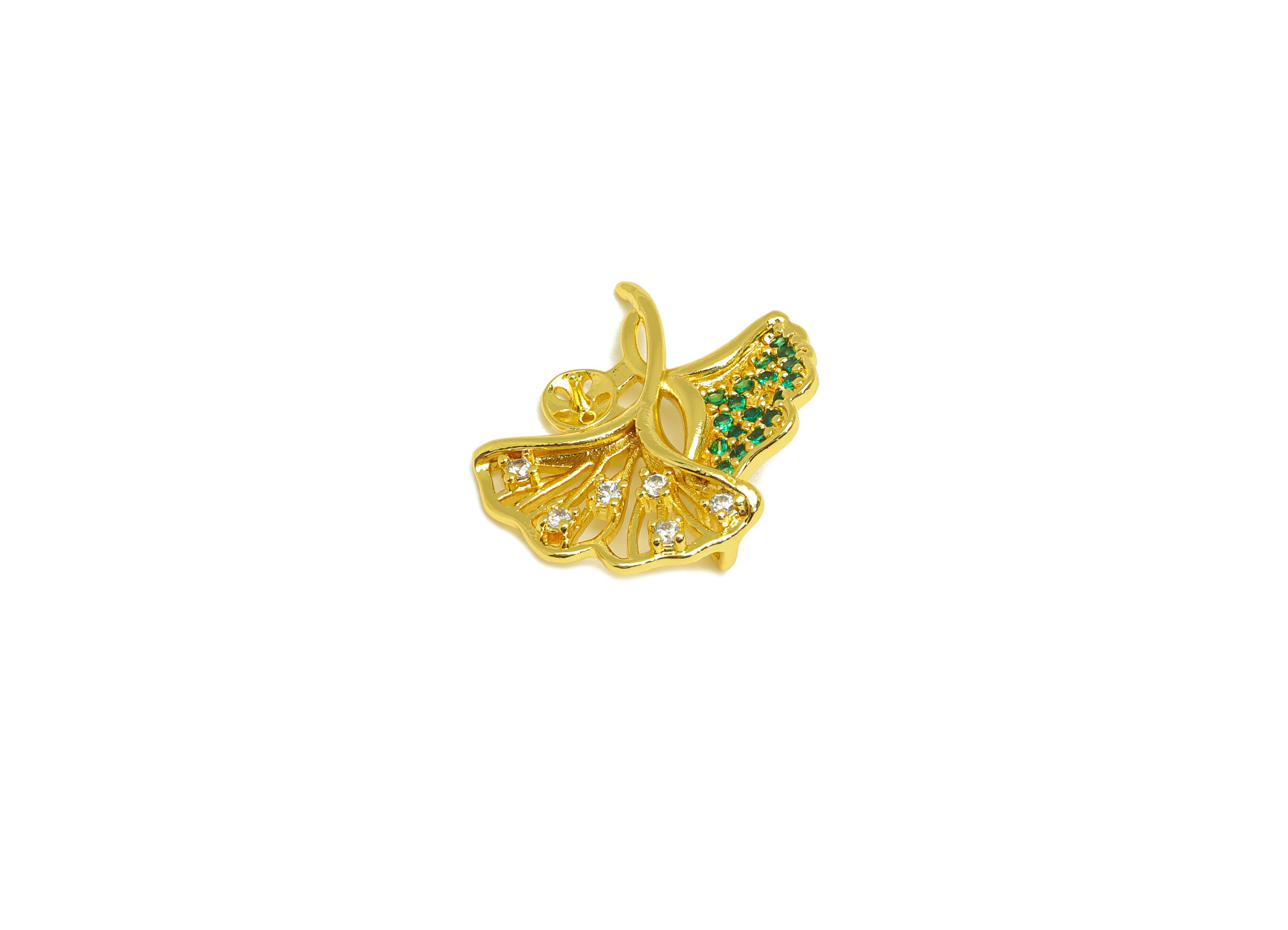 Brass CZ Ginkgo Charm - Brass Rainbow Cubic Zircon Charm - Brass Pendant For Pearl Setting - 18K Real Gold Plating - 22.5x21x3mm - RGP7031 - DOMEDBAZAAR