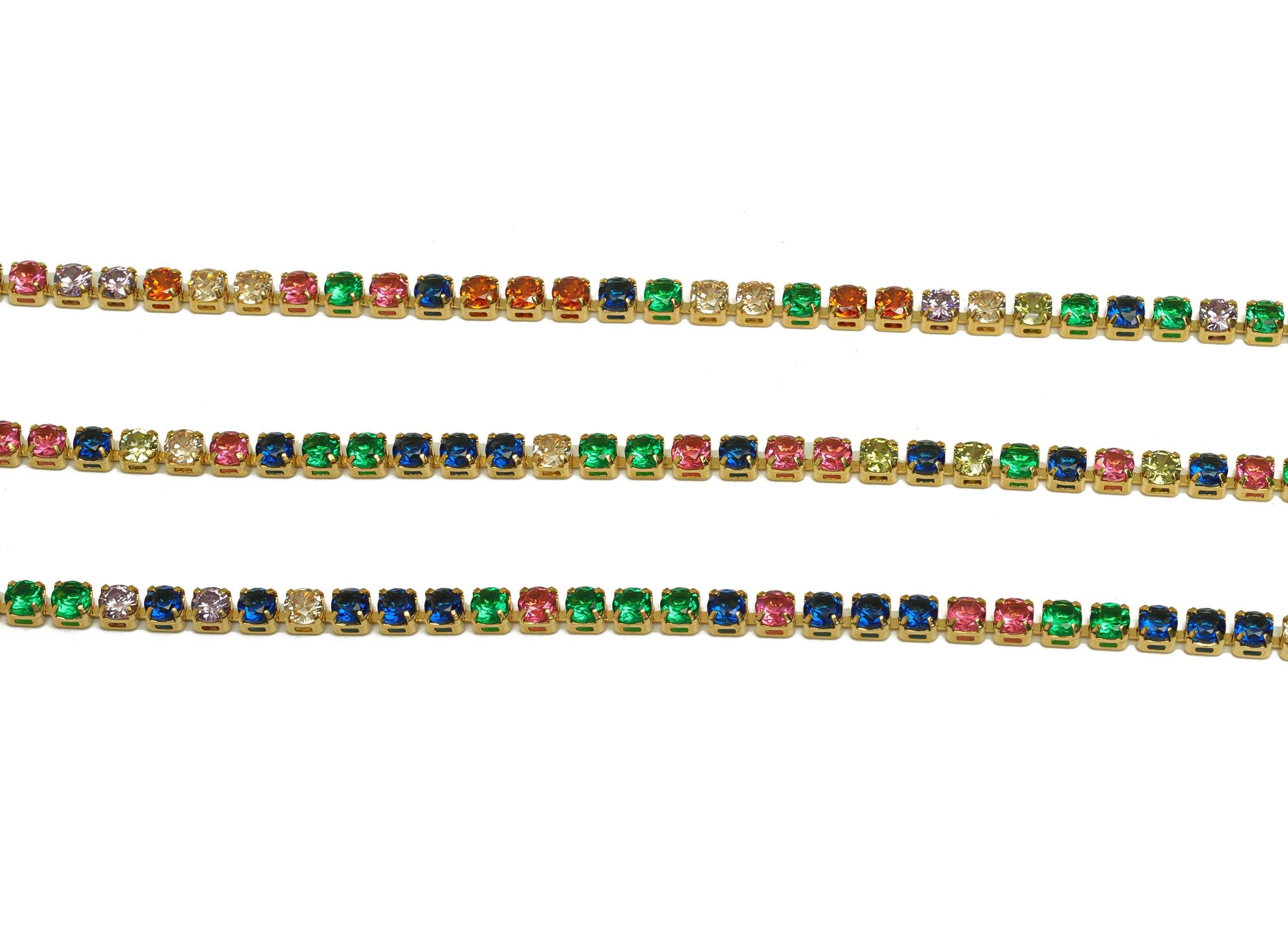 3mm Round Zircon Brass Chain - Brass Mix Color Cubic Zircon Bracelet Chain - Rainbow CZ Claw Chain - 18K Real Gold Plated - 3x3mm - RGP6910R - DOMEDBAZAAR
