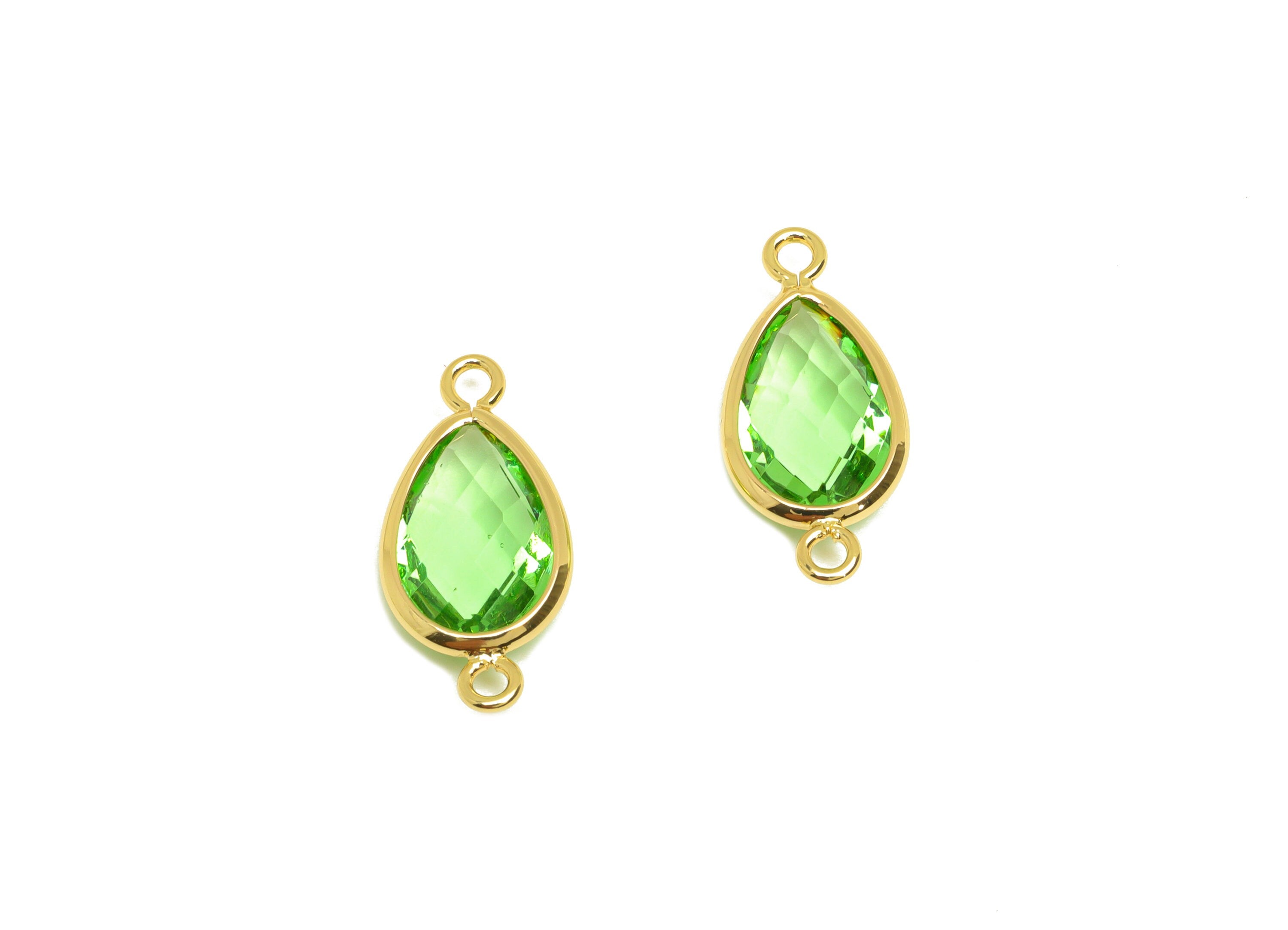 Brass Teardrop Connector - Brass Faceted Glass Earring Charm - Brass Fruit Green Glass Connector - 18K Real Gold Plated - 19x9x4mm -RGP6920B - DOMEDBAZAAR