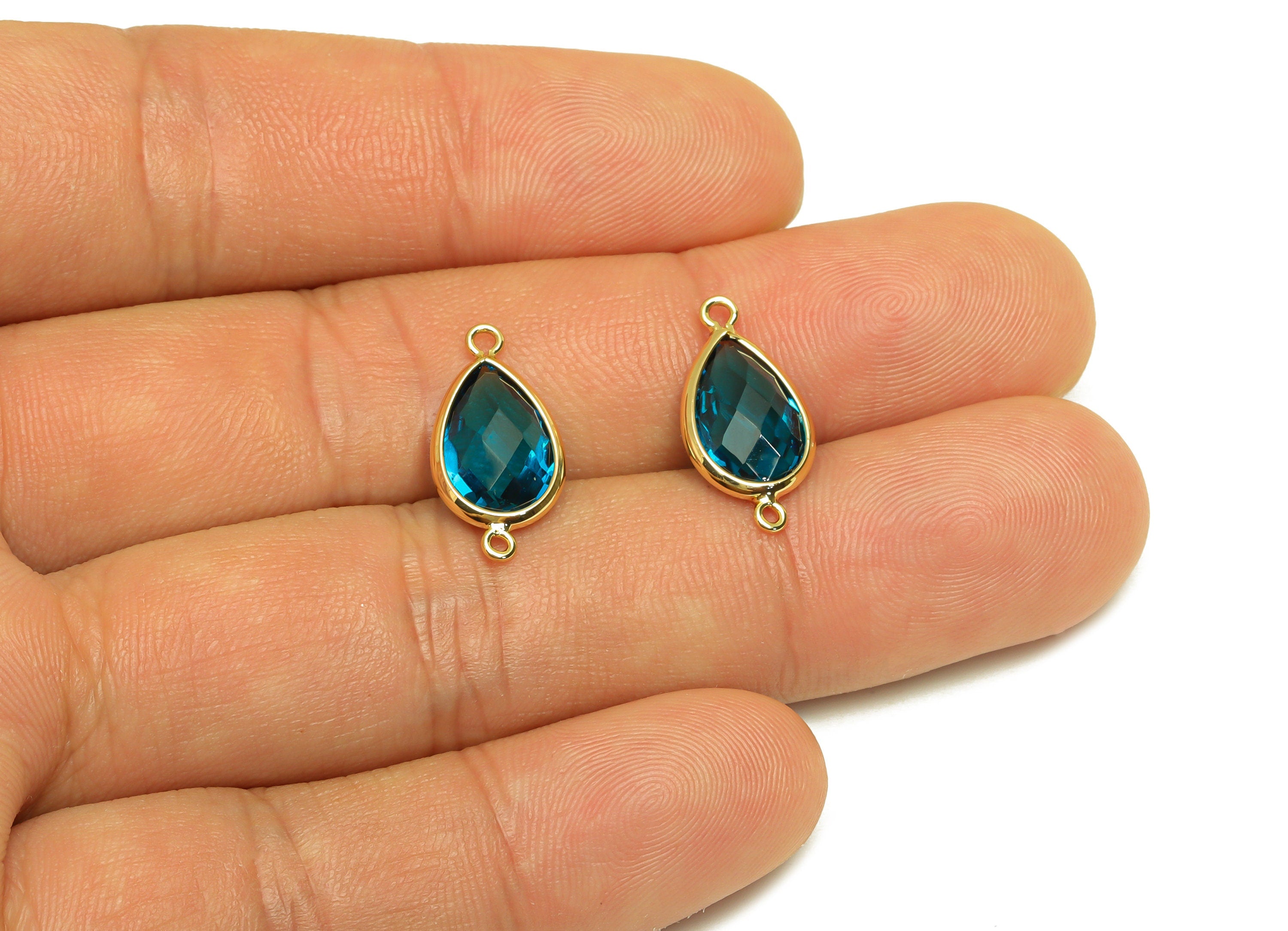 Brass Teardrop Connector - Brass Faceted Glass Earring Charm - Brass Lake Blue Glass Connector - 18K Real Gold Plated - 19x9x4mm - RGP6920F - DOMEDBAZAAR