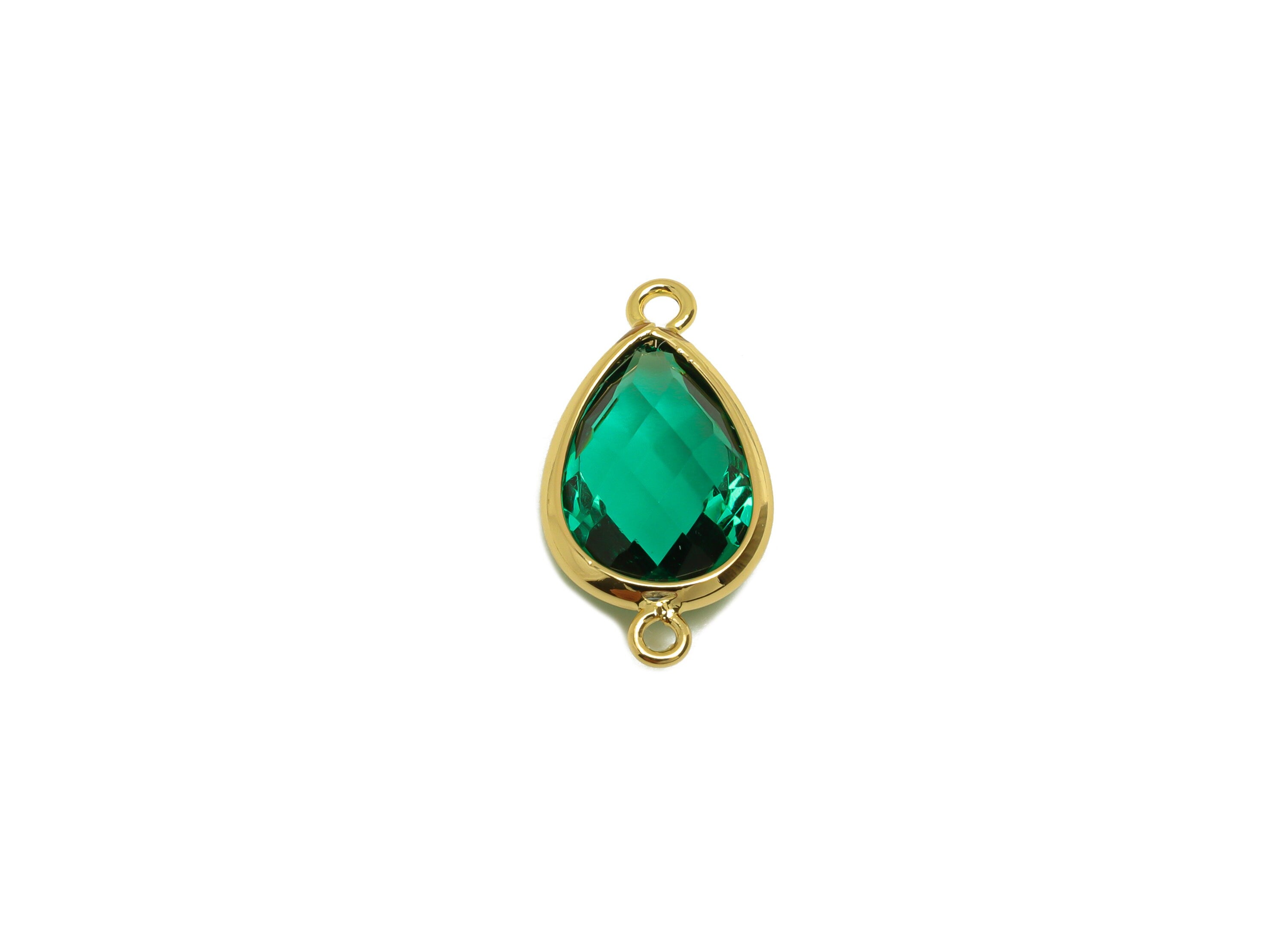 Brass Teardrop Connector - Brass Faceted Glass Earring Charm - Brass Hole Green Glass Connector - 18K Real Gold Plated - 18x9x4mm - RGP6920N - DOMEDBAZAAR