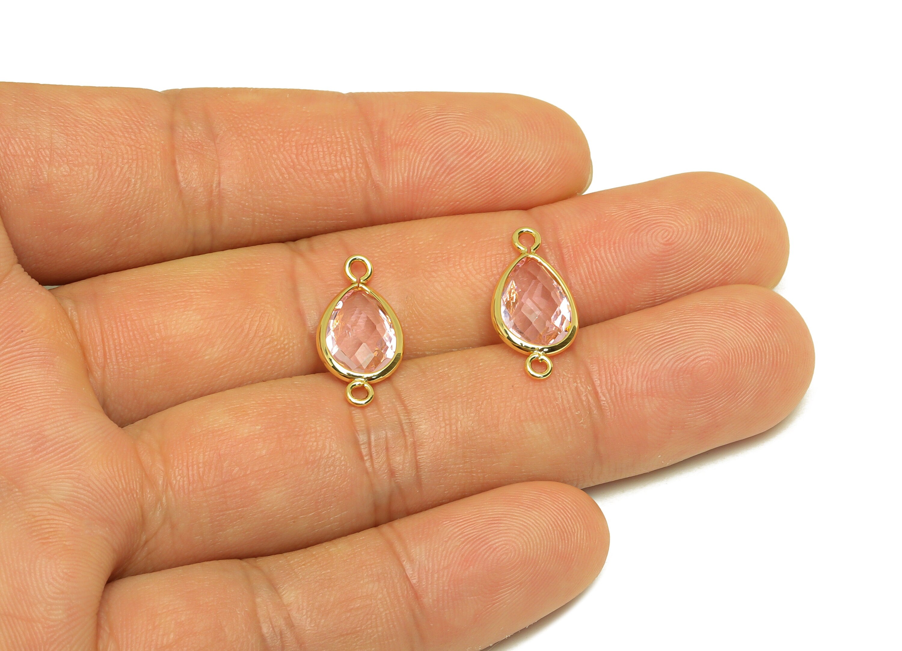 Brass Teardrop Connector - Brass Faceted Glass Earring Charm - Brass Pink Glass Connector - 18K Real Gold Plated - 19x9x4mm -RGP6920L - DOMEDBAZAAR