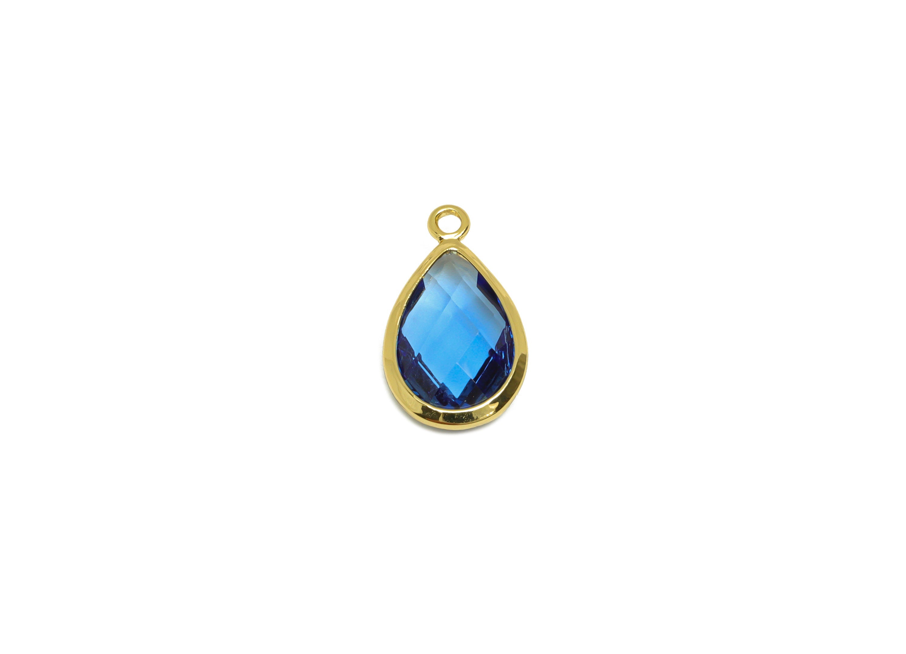 Brass Teardrop Earring Charm - Brass Faceted Glass Earring Charm - Brass Royal Blue Charm - 18K Real Gold Plated - 15x9x4mm - RGP6919C - DOMEDBAZAAR