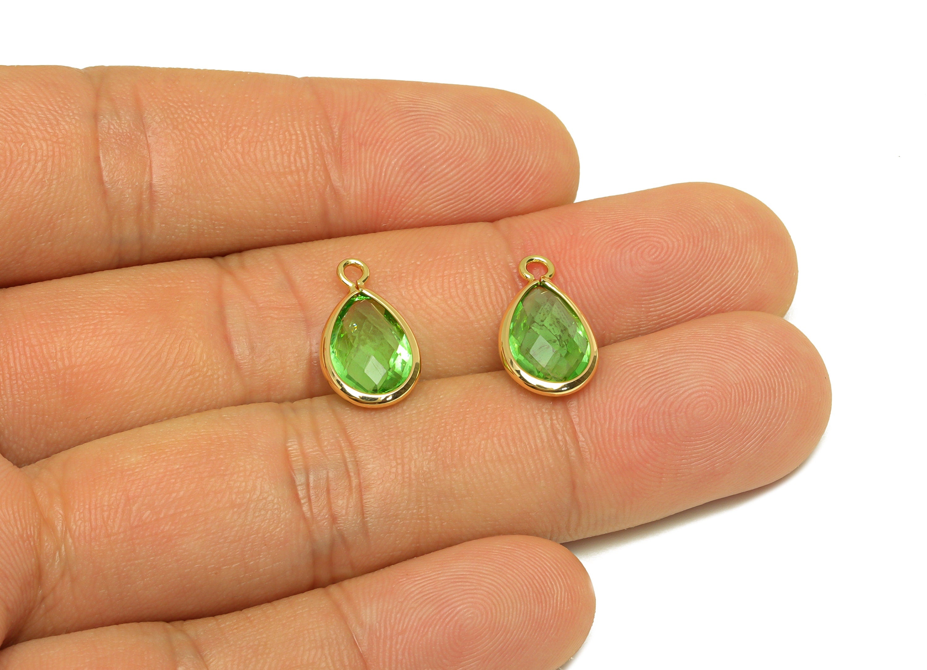 Brass Teardrop Earring Charm - Brass Faceted Glass Earring Charm - Brass Fruit Green Charm - 18K Real Gold Plated - 15x9x4mm - RGP6919B - DOMEDBAZAAR