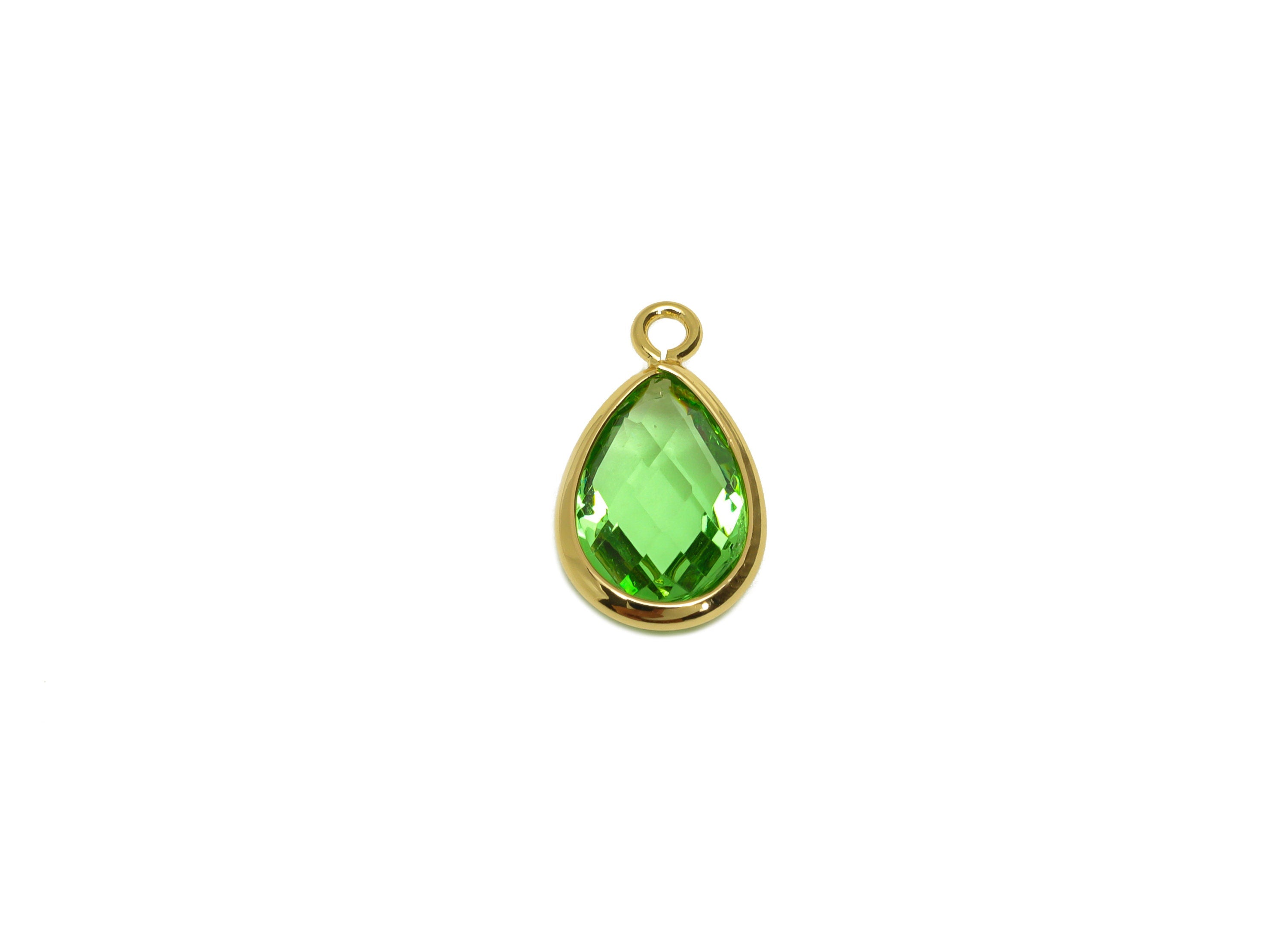 Brass Teardrop Earring Charm - Brass Faceted Glass Earring Charm - Brass Fruit Green Charm - 18K Real Gold Plated - 15x9x4mm - RGP6919B - DOMEDBAZAAR