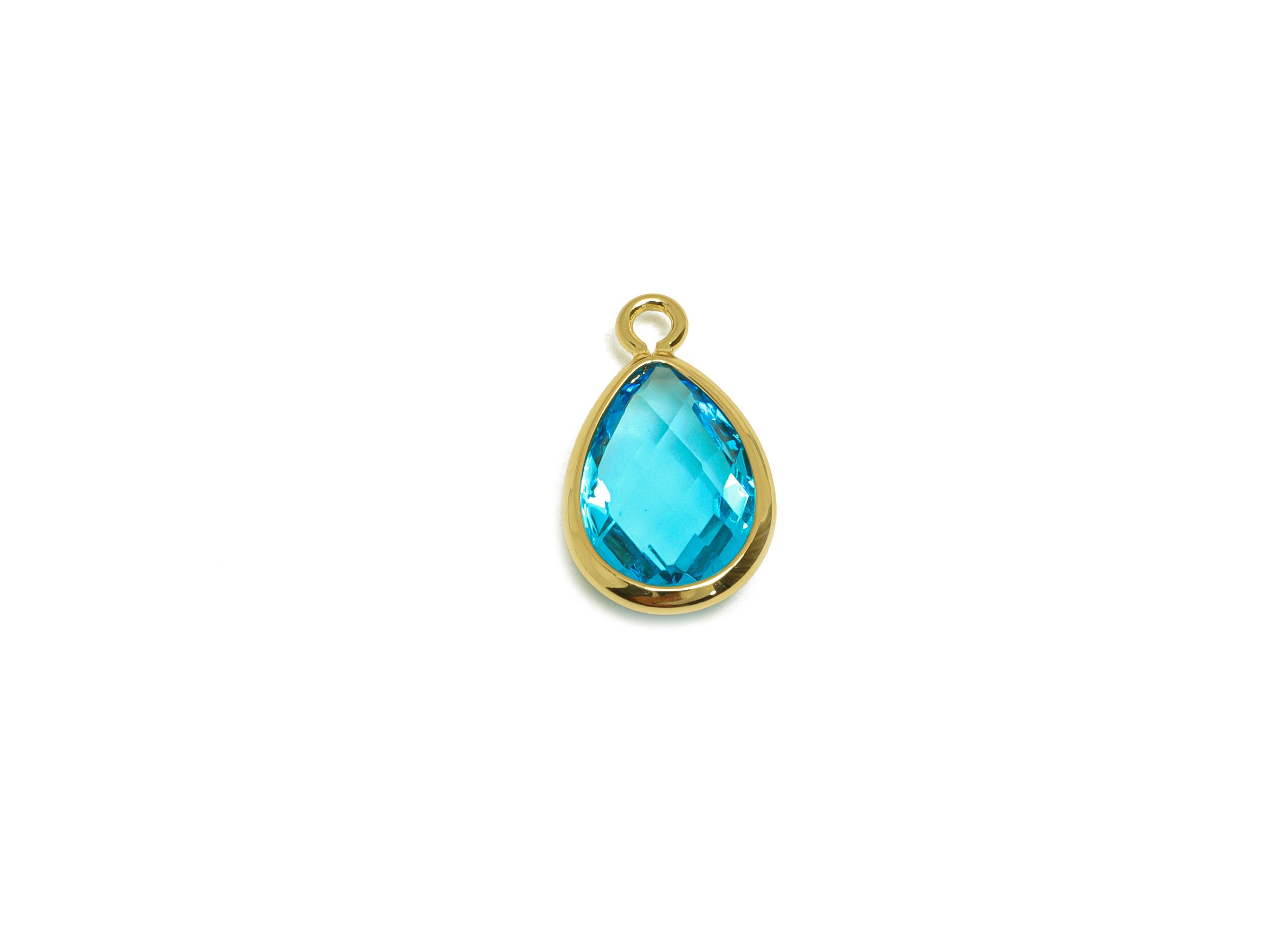 Brass Teardrop Earring Charm - Brass Faceted Glass Earring Charm - Brass Hole Blue Charm - 18K Real Gold Plated - 16.5x9.45x4.7mm- RGP6919M - DOMEDBAZAAR