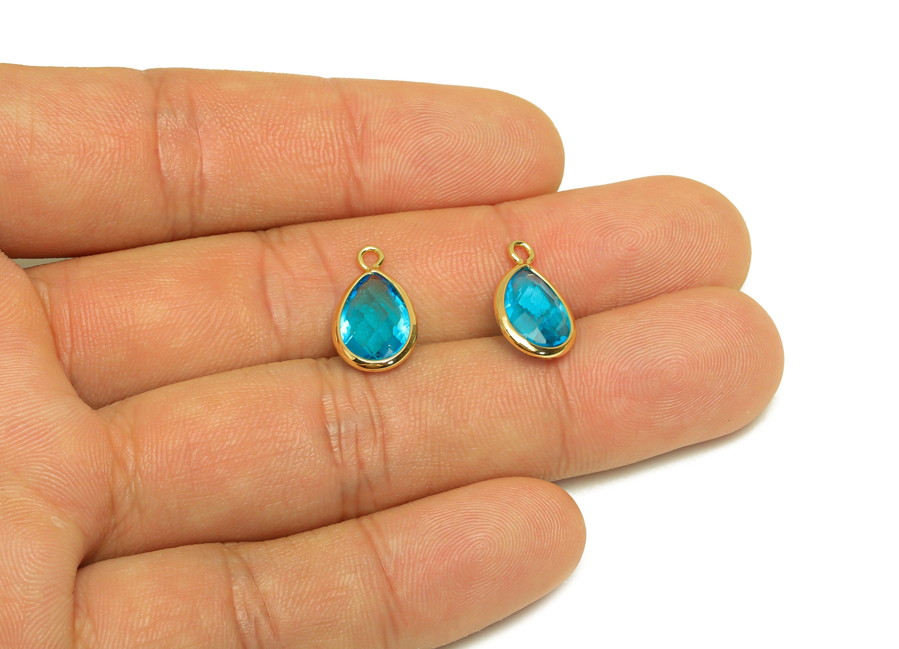 Brass Teardrop Earring Charm - Brass Faceted Glass Earring Charm - Brass Hole Blue Charm - 18K Real Gold Plated - 16.5x9.45x4.7mm- RGP6919M - DOMEDBAZAAR