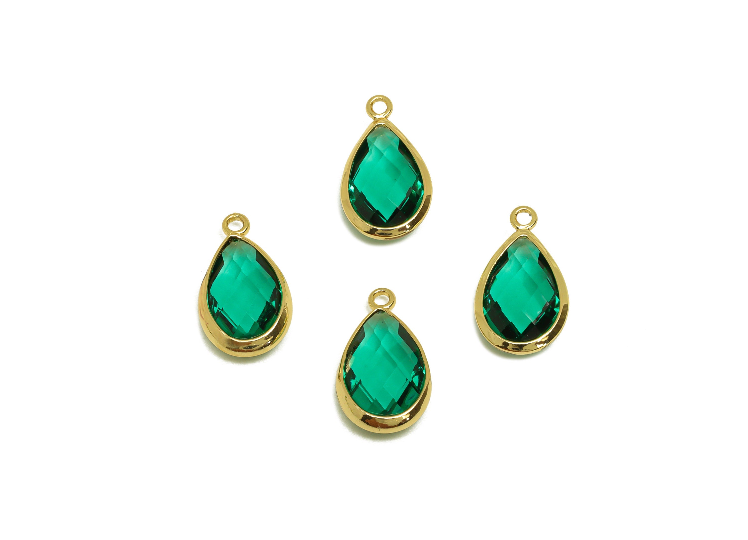 Brass Teardrop Earring Charm - Brass Faceted Glass Earring Charm - Brass Hole Green Charm - 18K Real Gold Plated - 16.5x9.45x4.7mm- RGP6919N - DOMEDBAZAAR