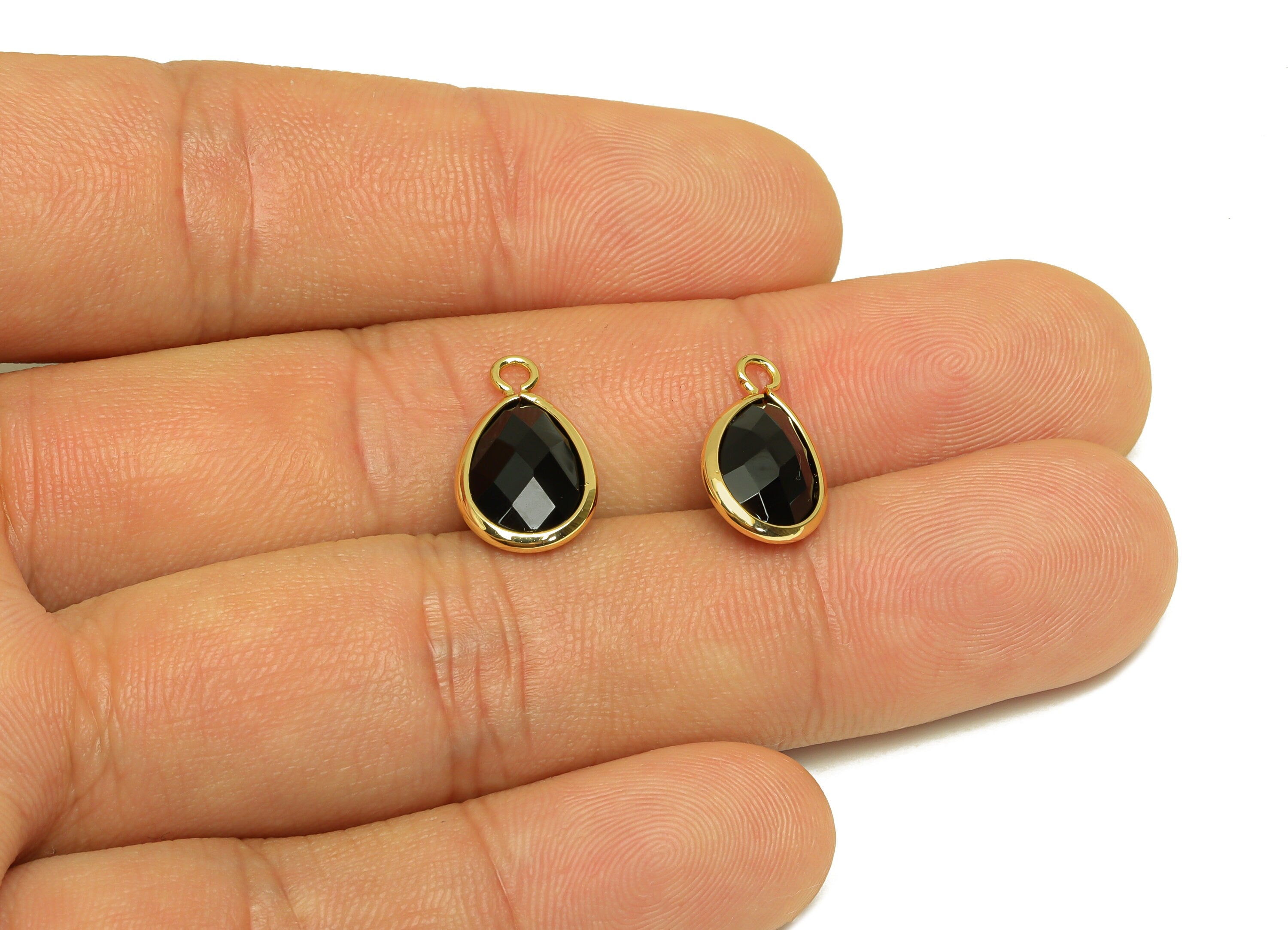 Brass Teardrop Earring Charm - Brass Faceted Glass Earring Charm - Brass Black Charm - 18K Real Gold Plated - 16.44x9.5x4.7mm- RGP6919D - DOMEDBAZAAR
