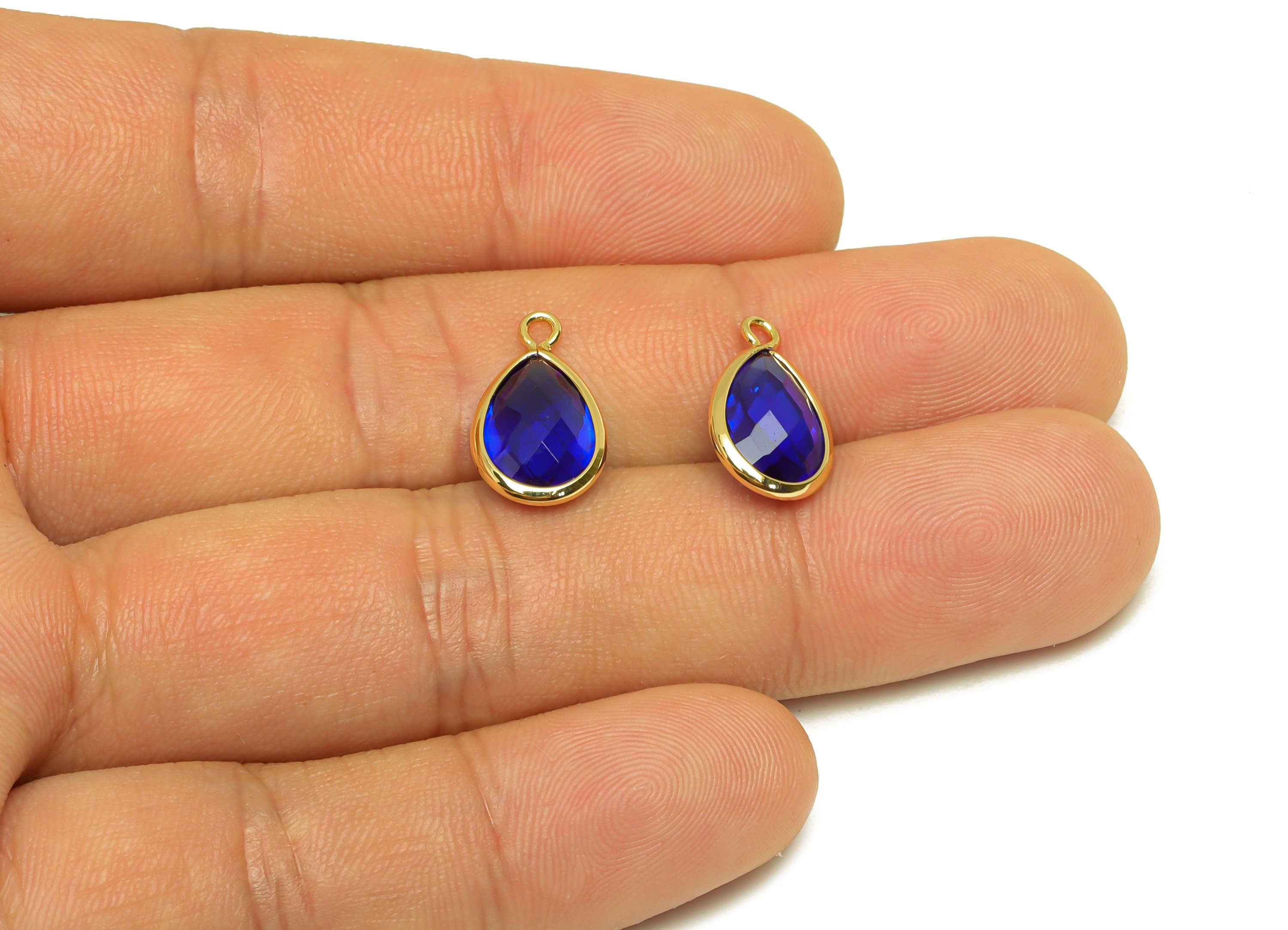 Brass Teardrop Earring Charm - Brass Faceted Glass Earring Charm - Brass Medium Blue Charm - 18K Real Gold Plated - 16.44x9.5x4mm- RGP6919P - DOMEDBAZAAR