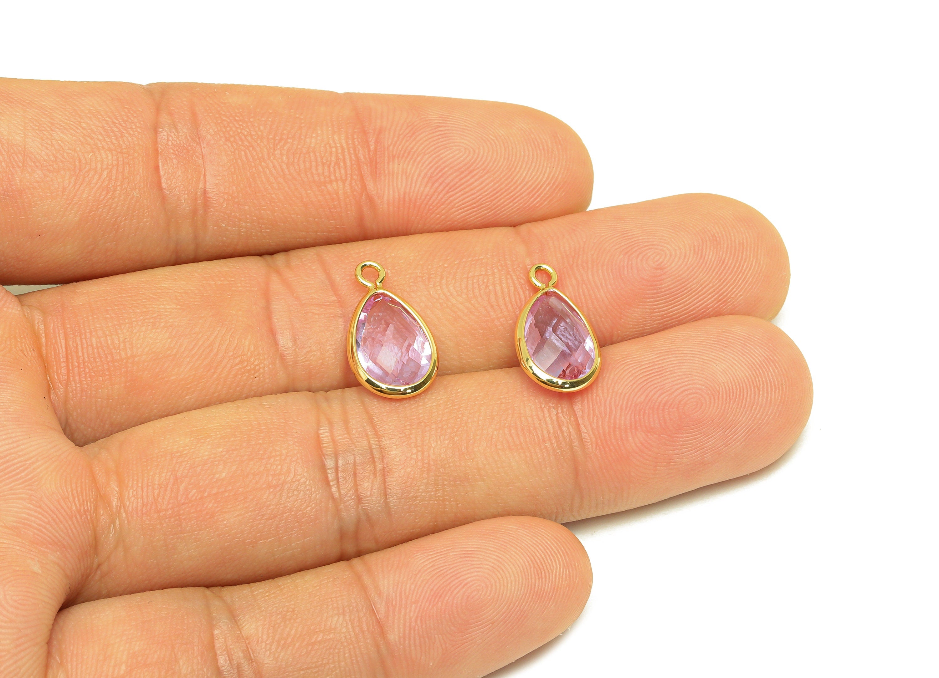 Brass Teardrop Earring Charm - Brass Faceted Glass Earring Charm - Brass Purple Glass Charm - 18K Real Gold Plated - 16.44x9.5x4mm- RGP6919J - DOMEDBAZAAR