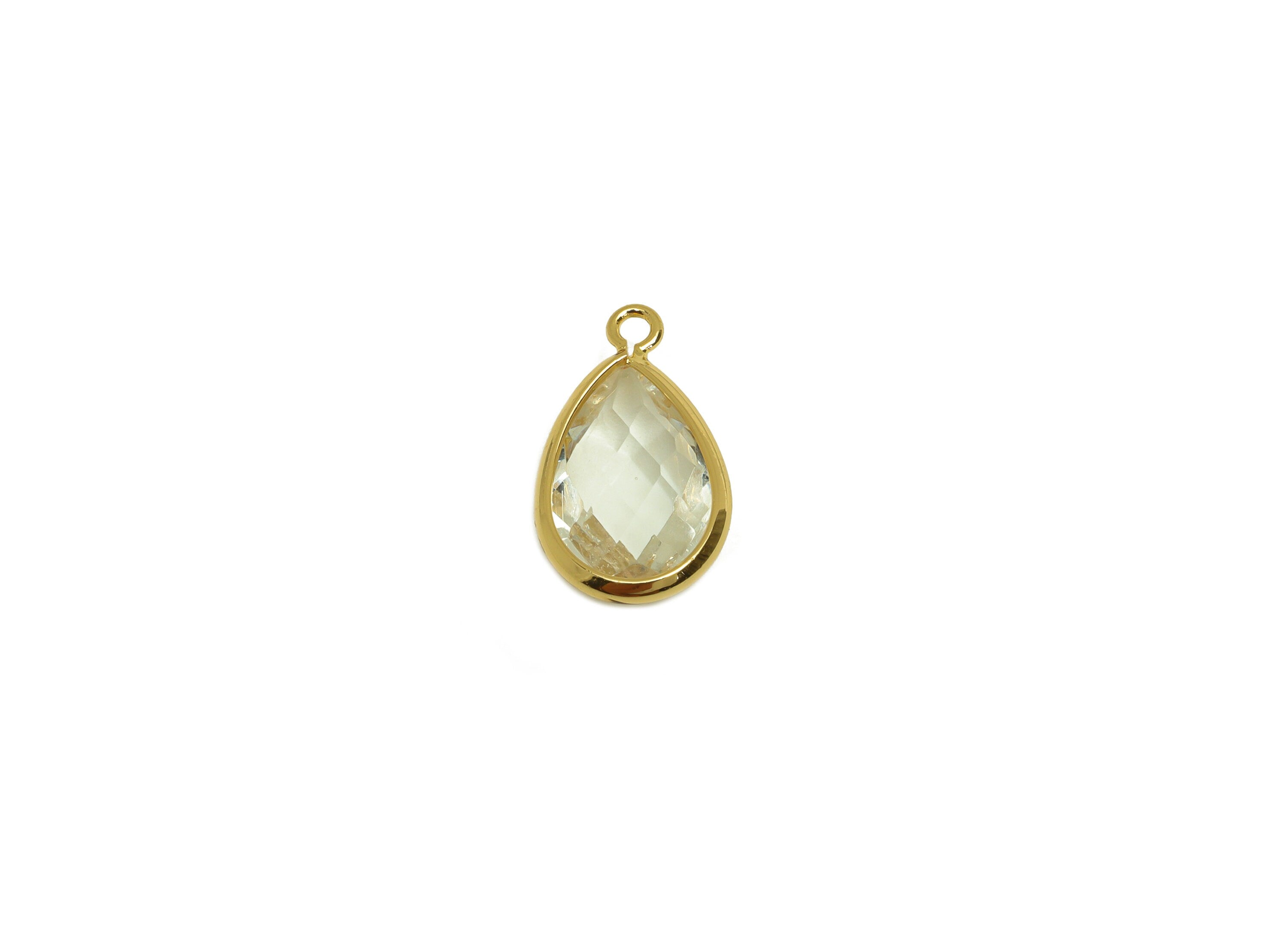 Brass Teardrop Earring Charm - Brass Faceted Glass Earring Charm - Brass Transparent Charm - 18K Real Gold Plated - 16.44x9.5x4mm- RGP6919K - DOMEDBAZAAR