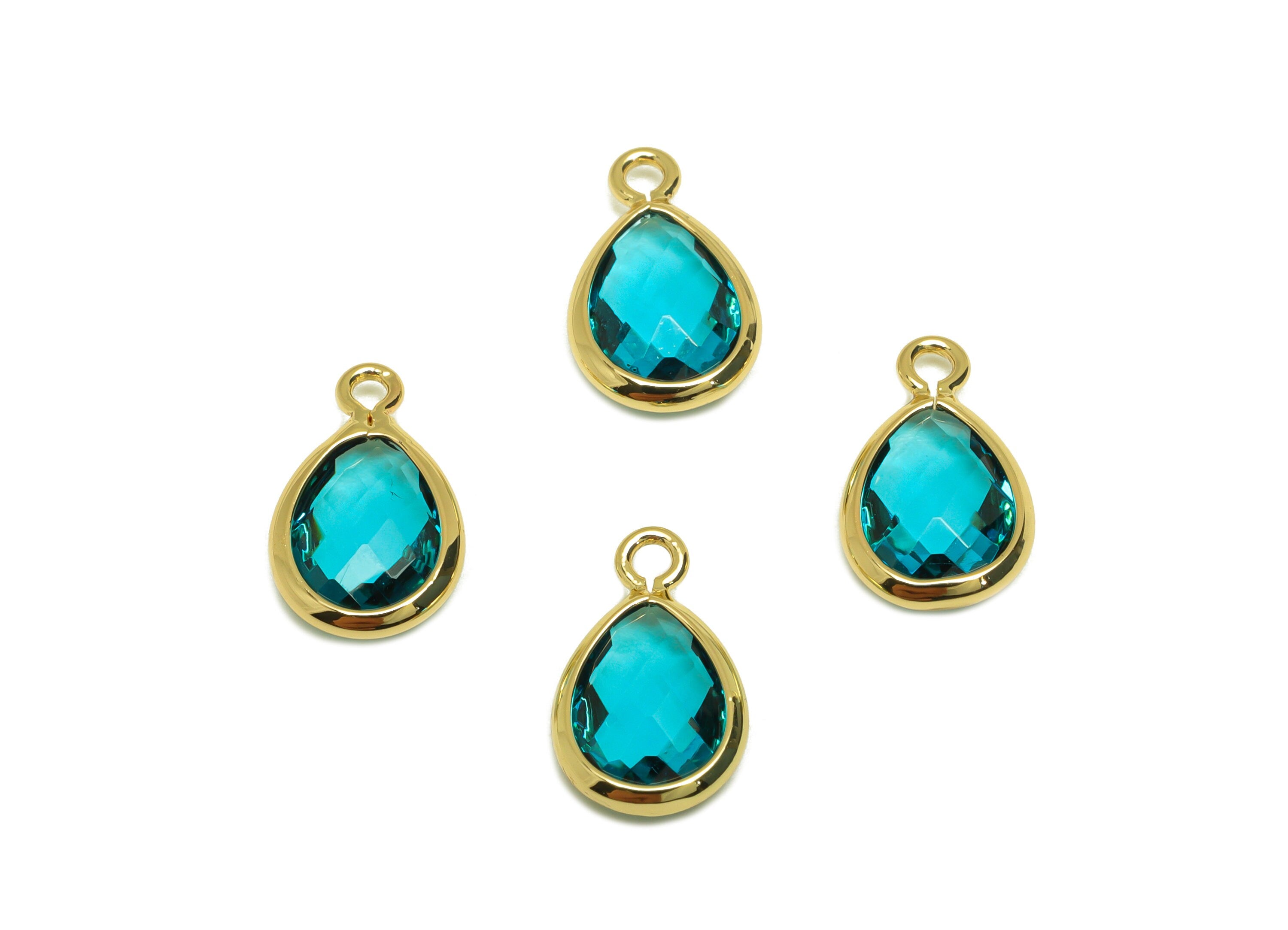 Brass Teardrop Earring Charm - Brass Faceted Glass Earring Charm - Brass Hole Blue Charm - 18K Real Gold Plated - 11.7x6x3mm - RGP6921F - DOMEDBAZAAR
