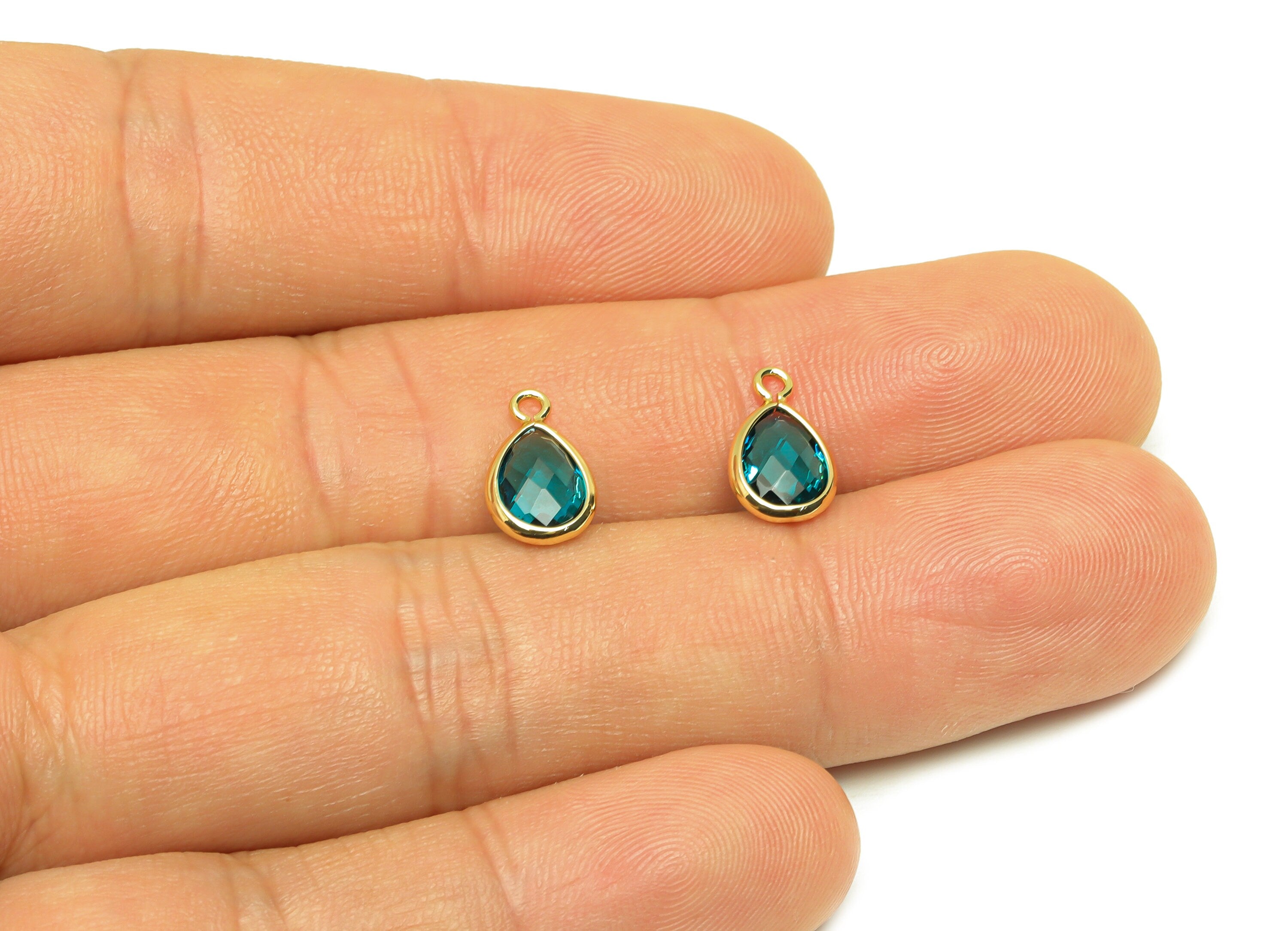 Brass Teardrop Earring Charm - Brass Faceted Glass Earring Charm - Brass Hole Blue Charm - 18K Real Gold Plated - 11.7x6x3mm - RGP6921F - DOMEDBAZAAR
