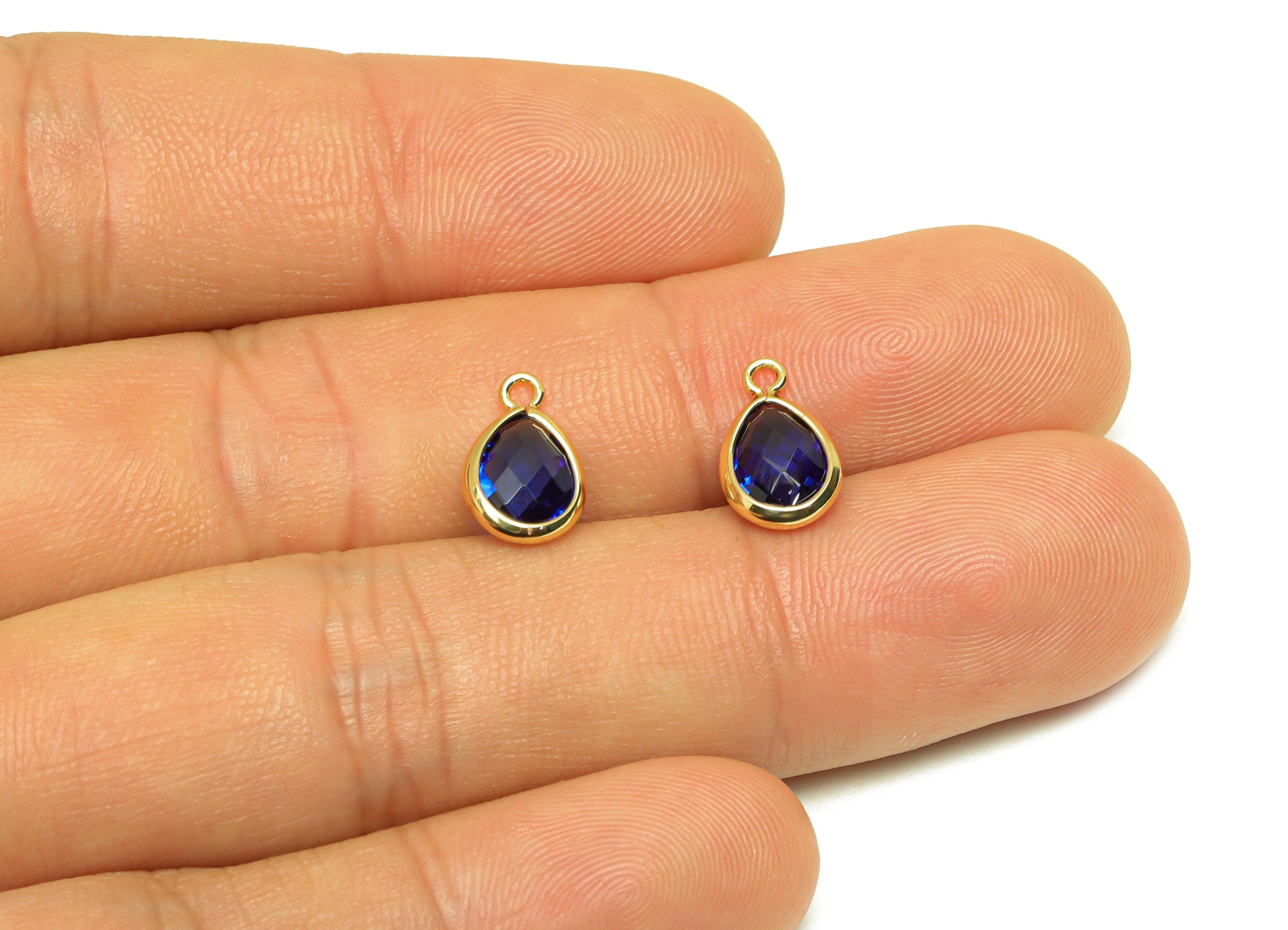 Brass Teardrop Earring Charm - Brass Faceted Glass Earring Charm - Royal Blue Glass Earring Charm - 18K Real Gold Plated - 11x6x3mm-RGP6921G - DOMEDBAZAAR