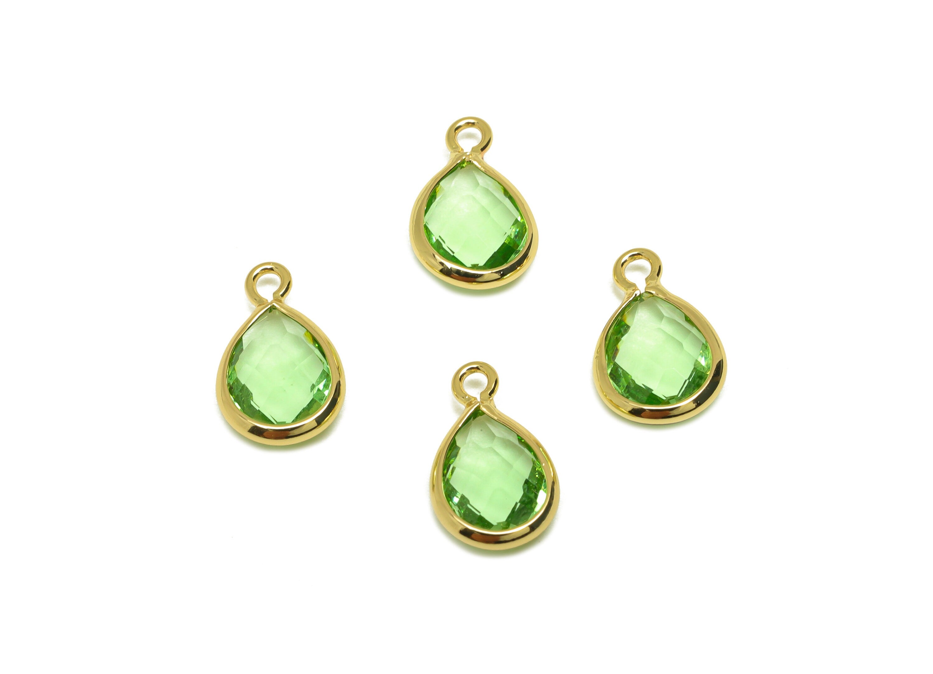 Brass Teardrop Earring Charm - Brass Faceted Glass Earring Charm - Light Green Earring Charm - 18K Real Gold Plated - 11x6x3mm-RGP6921D - DOMEDBAZAAR
