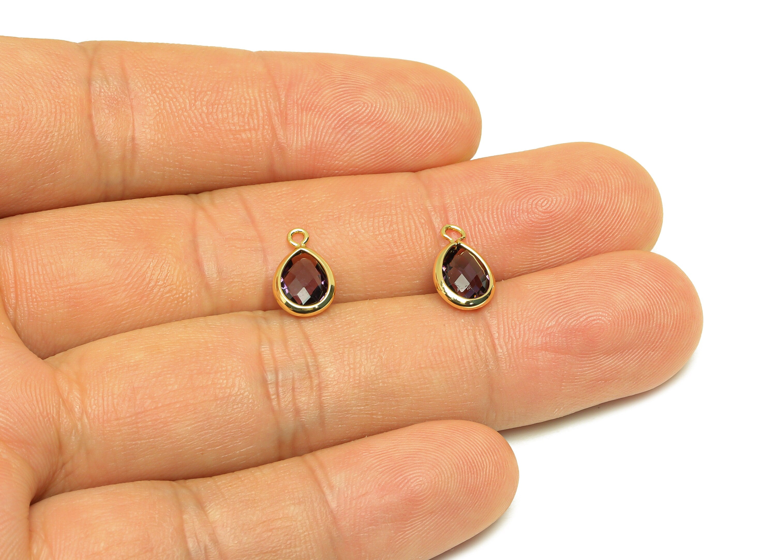 Brass Teardrop Earring Charm - Brass Faceted Glass Earring Charm - Brass Violet Earring Charm - 18K Real Gold Plated - 11x6x3mm - RGP6921Z - DOMEDBAZAAR