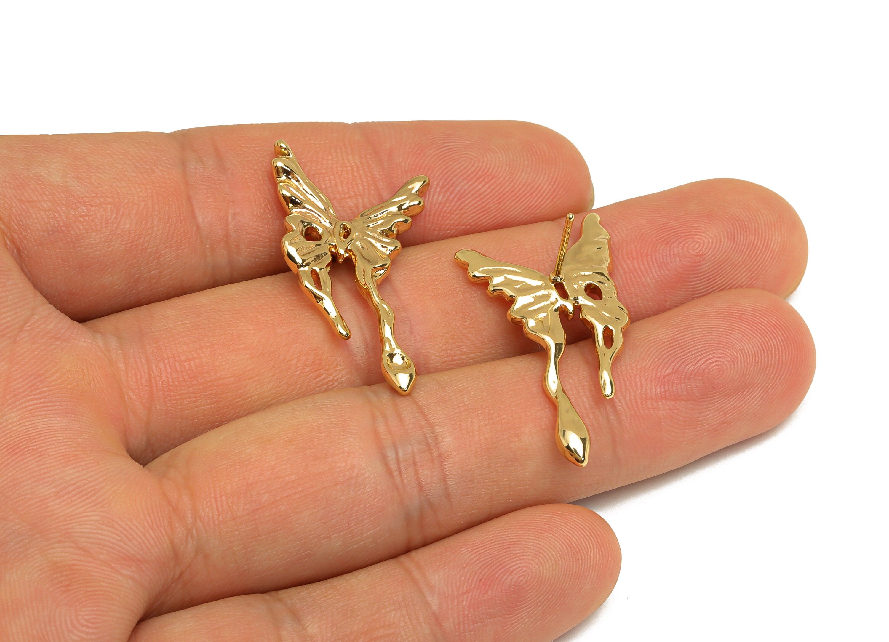 Brass Butterfly Earring Post - Brass Textured Butterfly Earring Stud - Brass Meth Earring Post - 18K Real Gold Plating - 32x17x1mm - RGP6764 - DOMEDBAZAAR