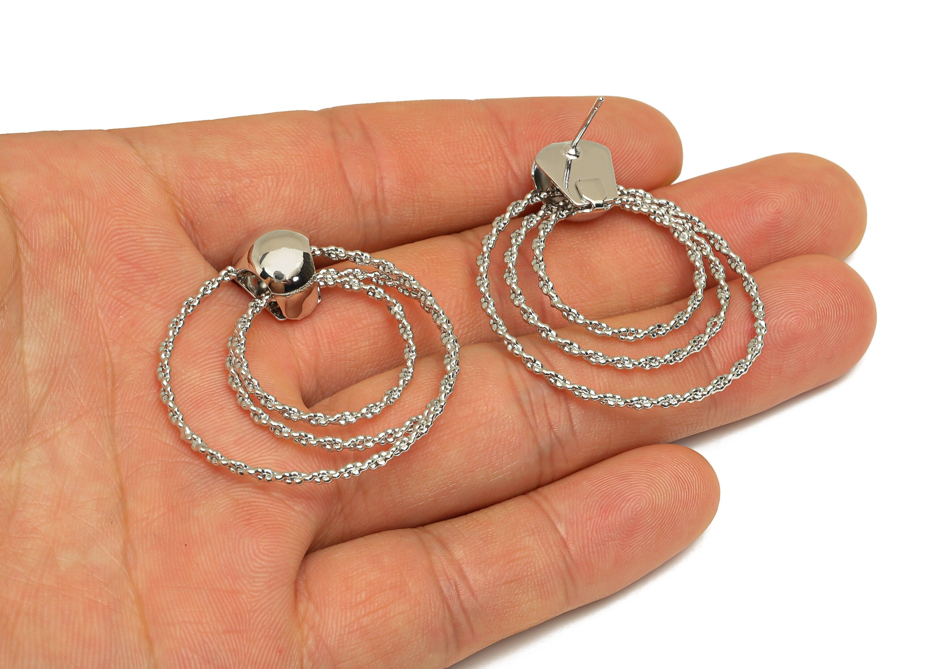 Brass Round Earring Post - Brass Textured Circle Earring Stud - Brass Circle Earring Post - 18K White Gold Plating - 39.44x36x1mm - RGP6775 - DOMEDBAZAAR