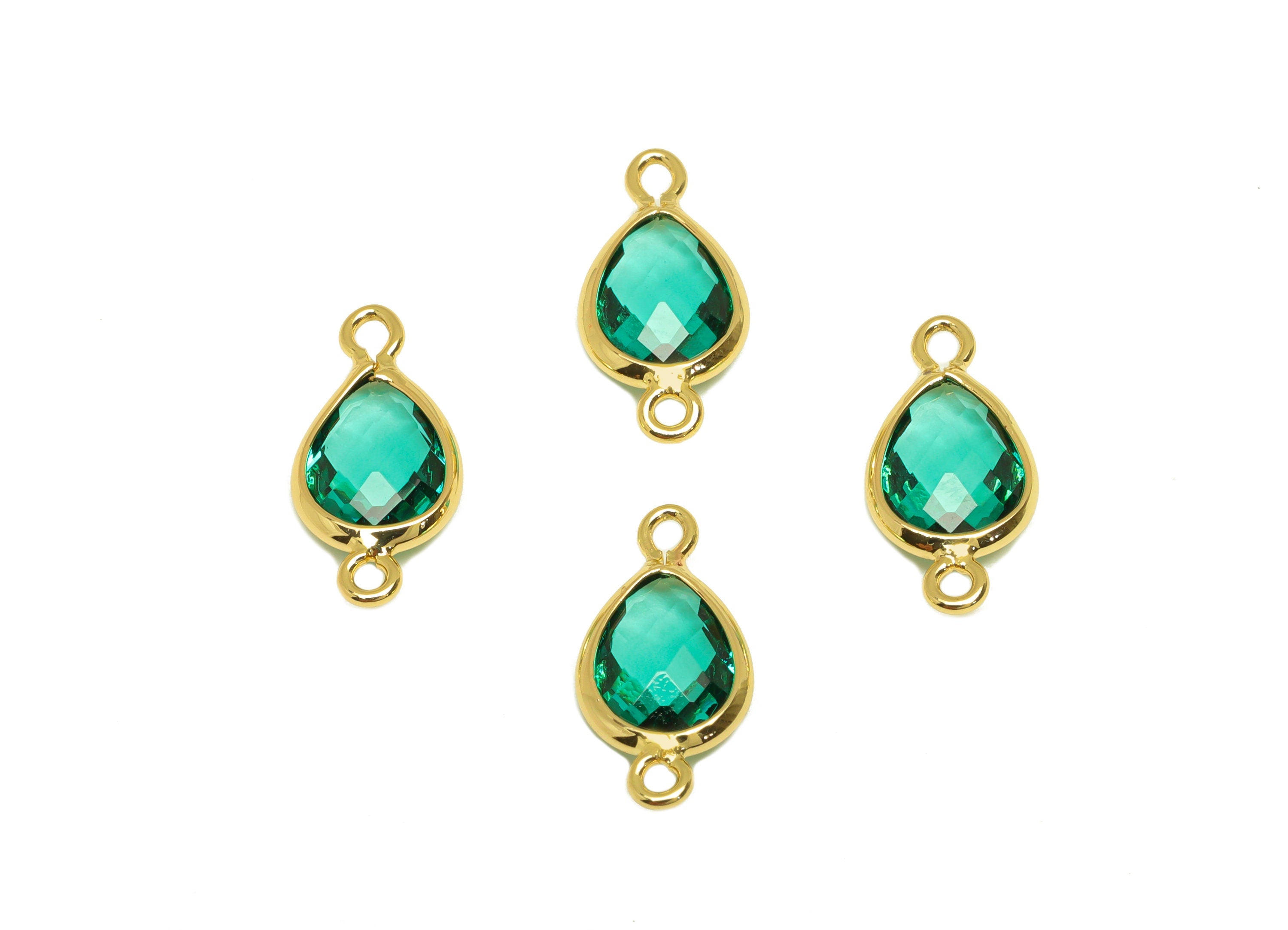 Brass Teardrop Connector - Brass Faceted Glass Earring Charm - Hole Green Earring Charm - 18K Real Gold Plated - 14x6x2mm - RGP6922E - DOMEDBAZAAR