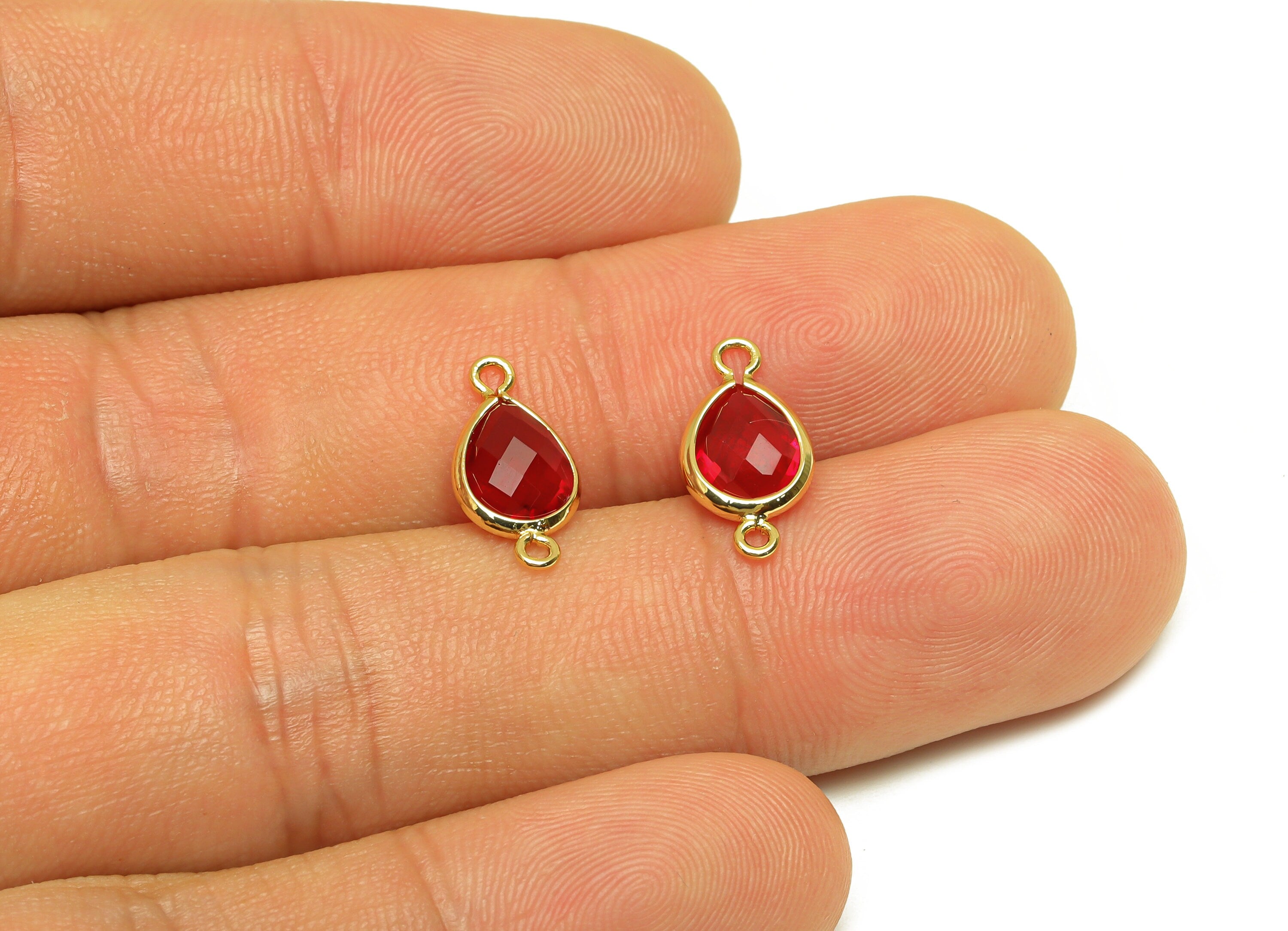 Brass Teardrop Connector - Brass Faceted Glass Earring Charm - Red Glass Earring Charm - 18K Real Gold Plated - 14x6x2mm - RGP6922C - DOMEDBAZAAR