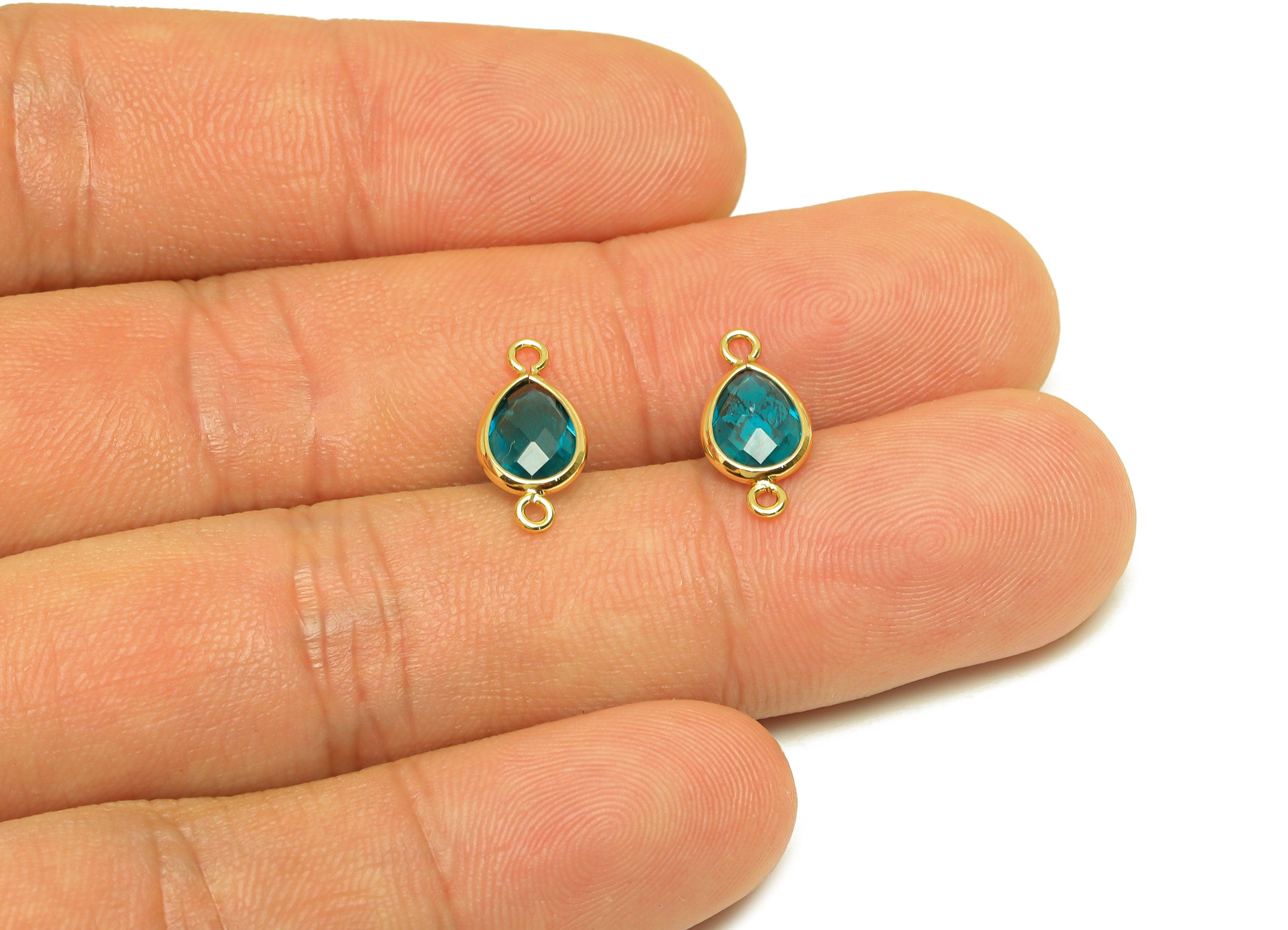 Brass Teardrop Connector - Brass Faceted Glass Earring Charm - Hole Blue Glass Earring Charm - 18K Real Gold Plated - 14x6x2mm - RGP6922F - DOMEDBAZAAR