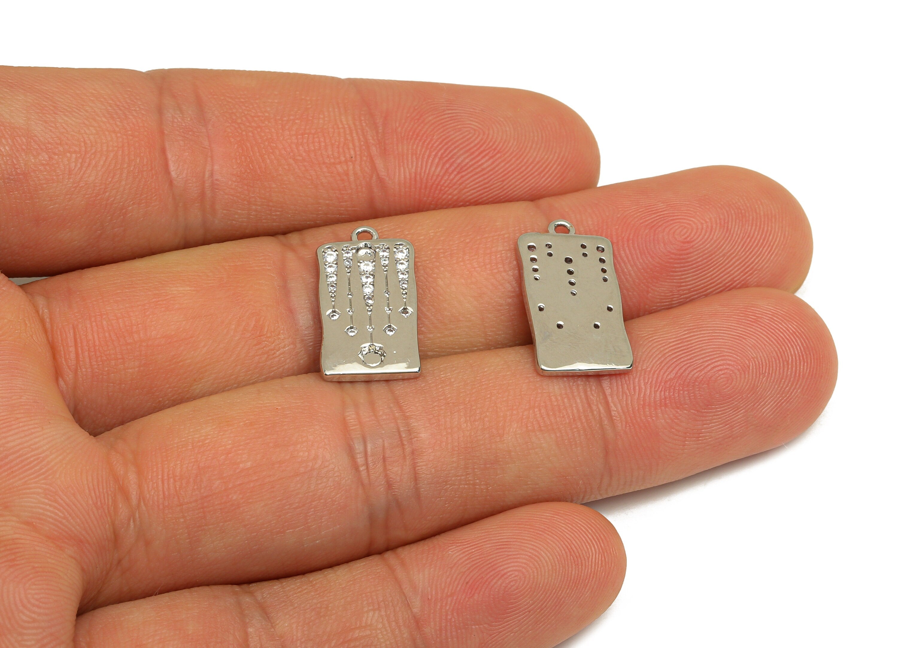 Brass CZ Rectangle Earring Charm - Brass Pattern Star Earring Charms - Cubic Zircon Pendant - 18K Real White Plating - 19x10x1.9mm - RGP6776 - DOMEDBAZAAR