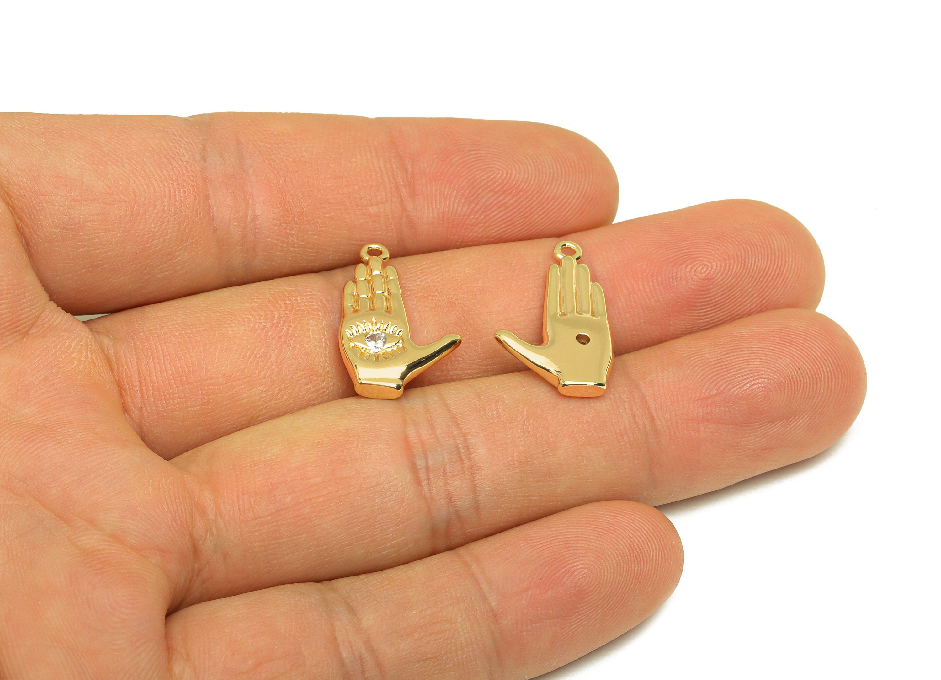 Brass CZ Hand Earring Charm - Brass Textured Eye Earring Charms - Brass Cubic Zircon Pendant - 18K Real Gold Plating - 20x13x3mm - RGP6786 - DOMEDBAZAAR