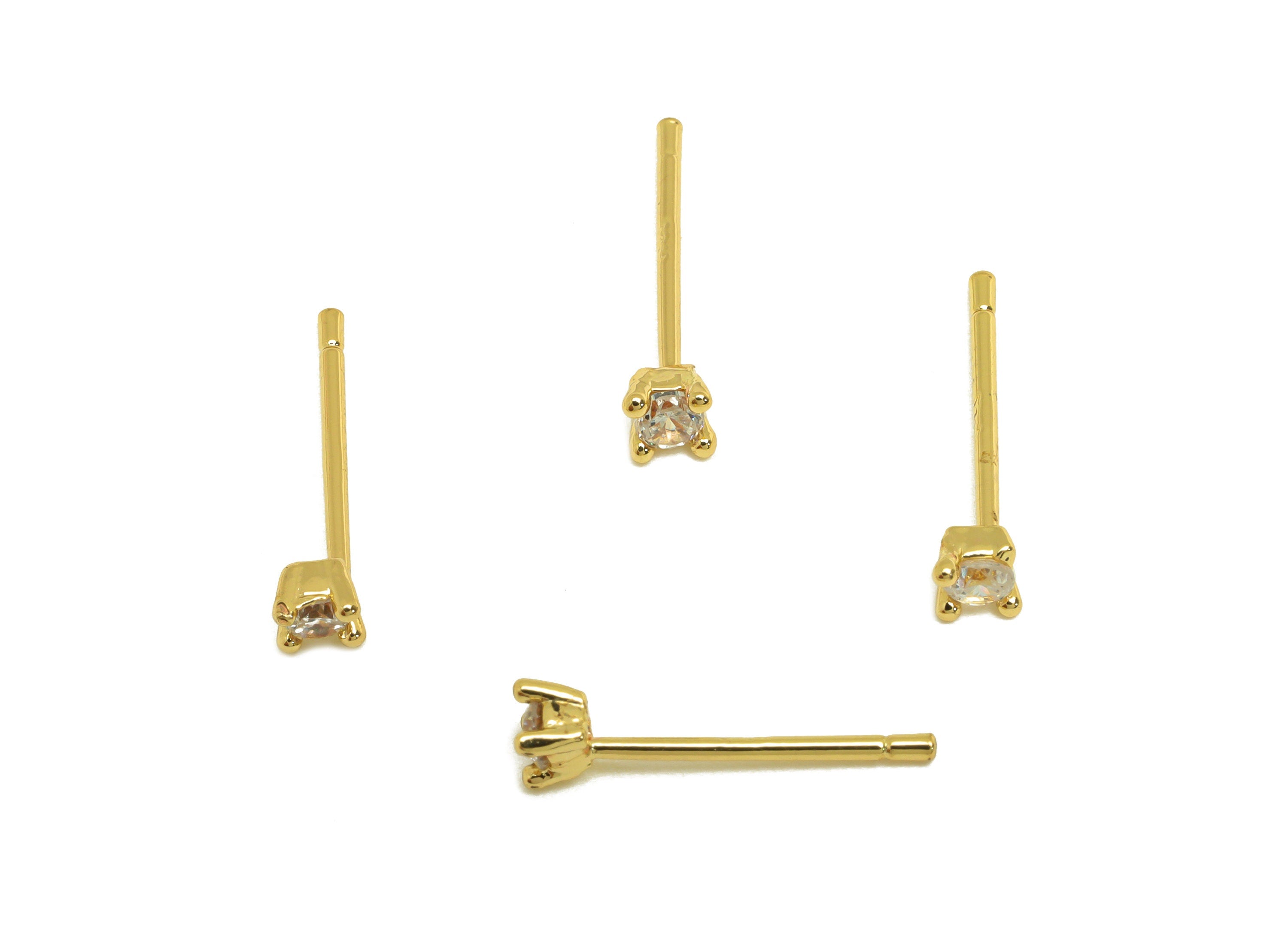 Brass CZ Mini Earring Stud - Brass Round Cubic Zircon Post - Brass Circle Zircon Earring Post - 18K Real Gold Plating - 13x3x3mm - RGP7102 - DOMEDBAZAAR