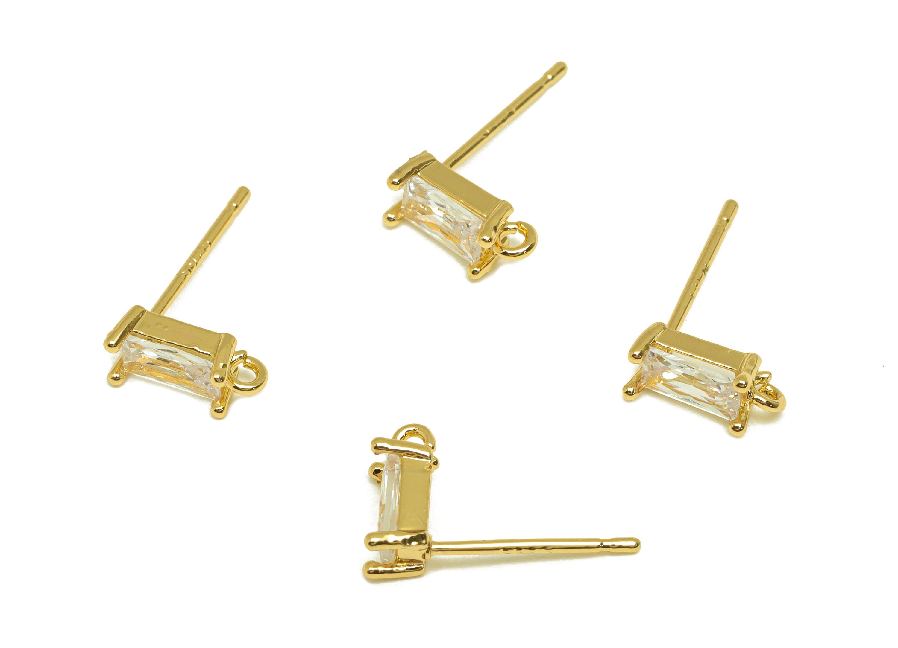 Brass CZ Rectangle Earring Stud - Brass Cubic Zircon Post With Loop - Brass Zircon Earring Post - 18K Real Gold Plating - 15x9x4mm - RGP7098 - DOMEDBAZAAR