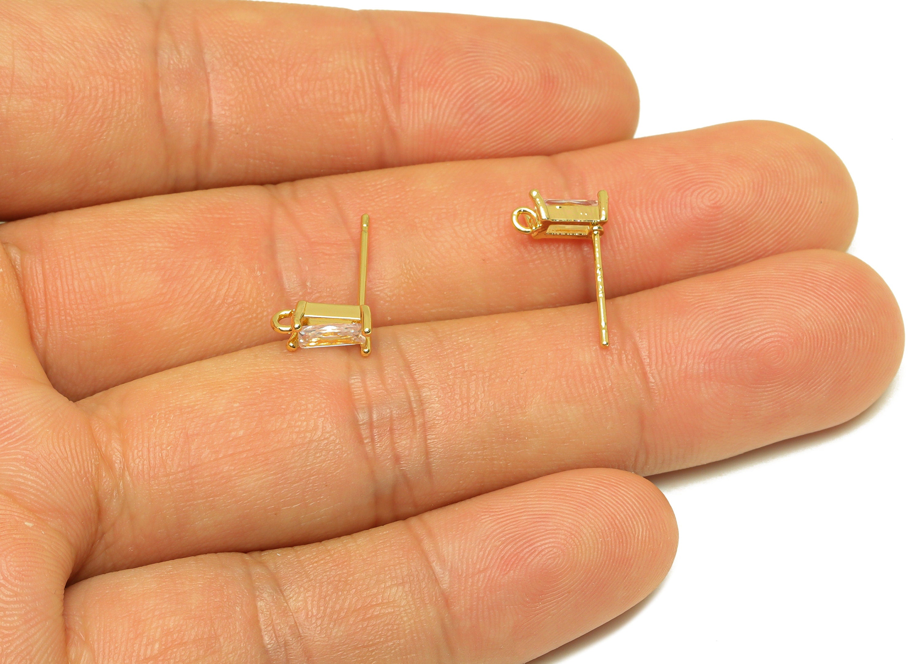 Brass CZ Rectangle Earring Stud - Brass Cubic Zircon Post With Loop - Brass Zircon Earring Post - 18K Real Gold Plating - 15x9x4mm - RGP7098 - DOMEDBAZAAR
